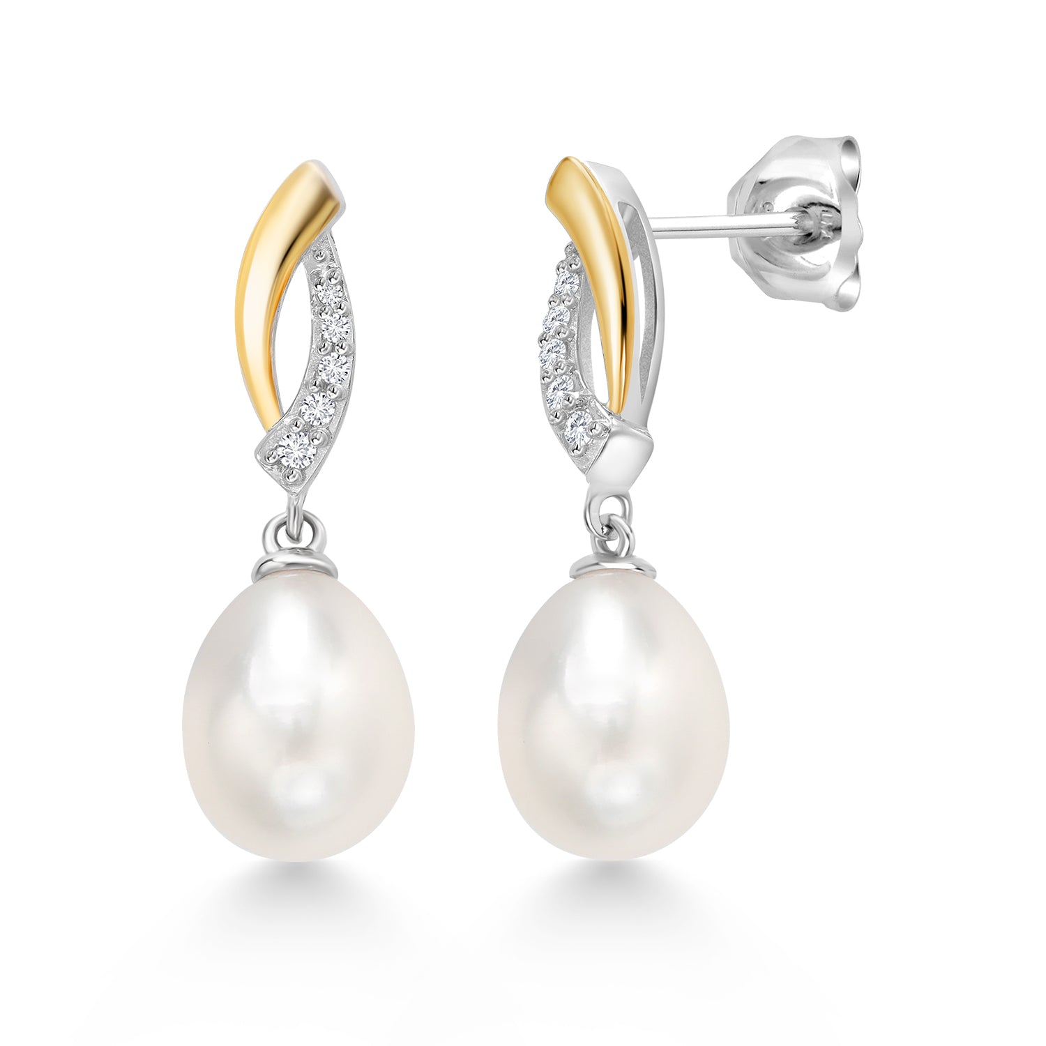 925 Sterling Silver and 10K Yellow Gold 9X7MM Cultured Freshwater Pearl and Lab Grown Diamond Dangle Earrings For Women