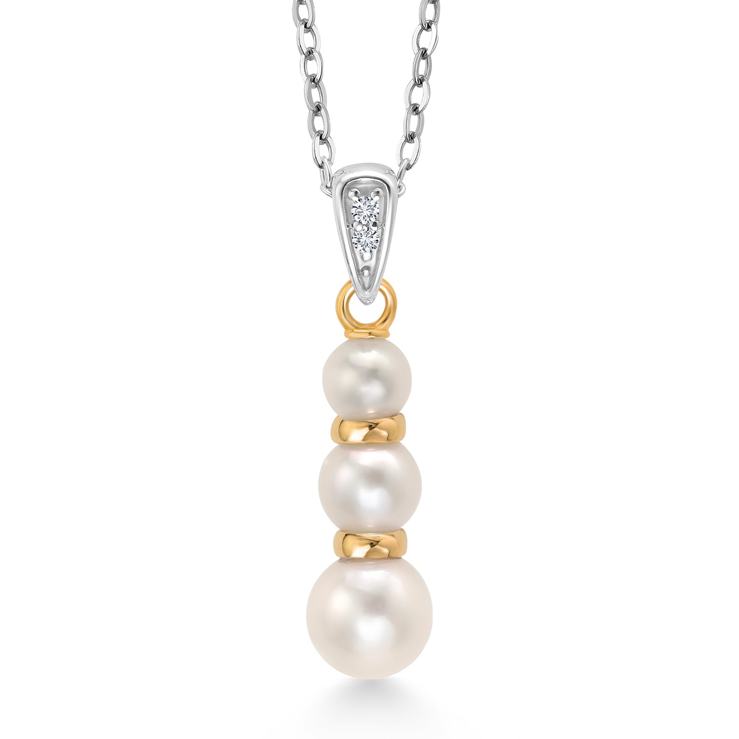 925 Sterling Silver and 10K Yellow Gold 4.5-5MM Cultured Freshwater Pearl and White Lab Grown Diamond Pendant Necklace For Women with 18 Inch Chain