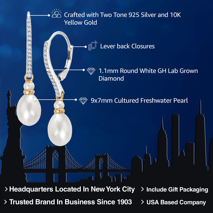 925 Sterling Silver and 10K Yellow Gold 9X7MM Cultured Freshwater Pearl and White Lab Grown Diamond Dangling Earrings with Leverback For Women