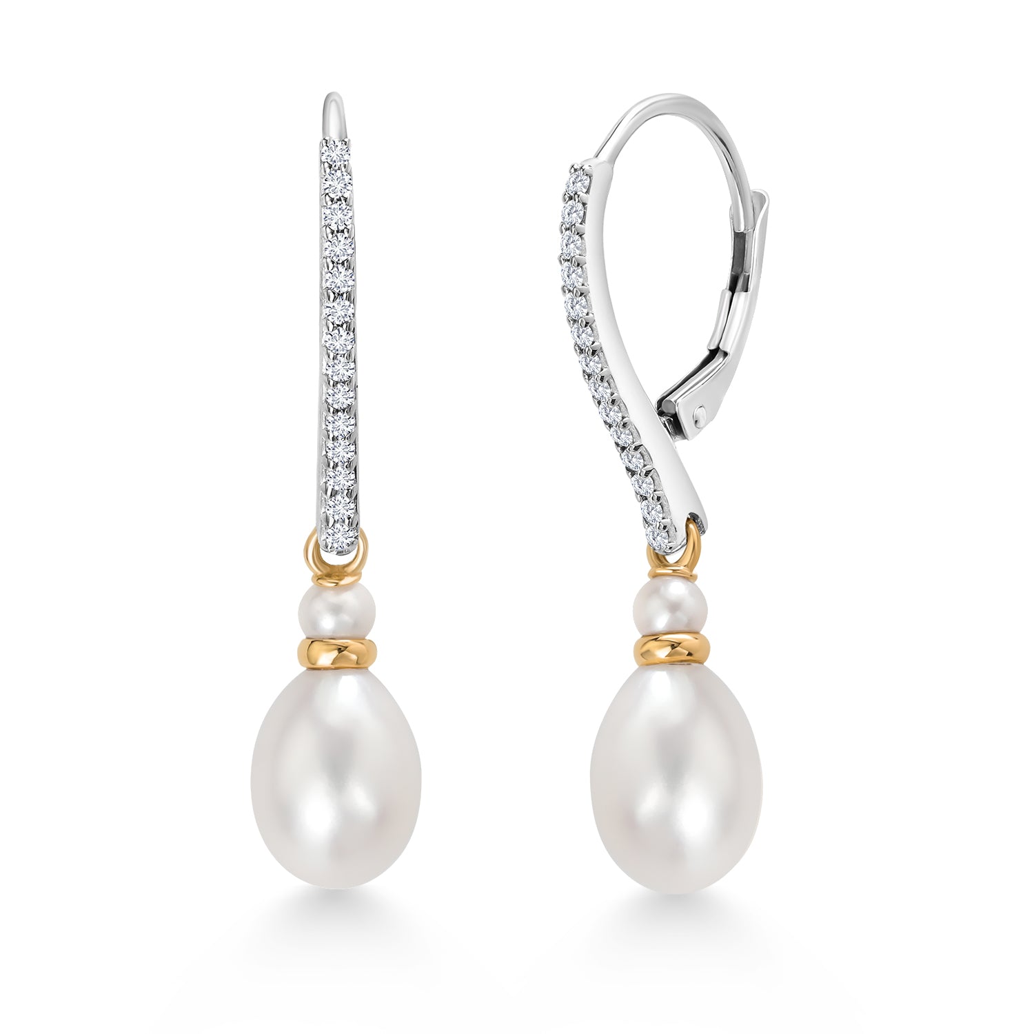 925 Sterling Silver and 10K Yellow Gold 9X7MM Cultured Freshwater Pearl and White Lab Grown Diamond Dangling Earrings with Leverback For Women