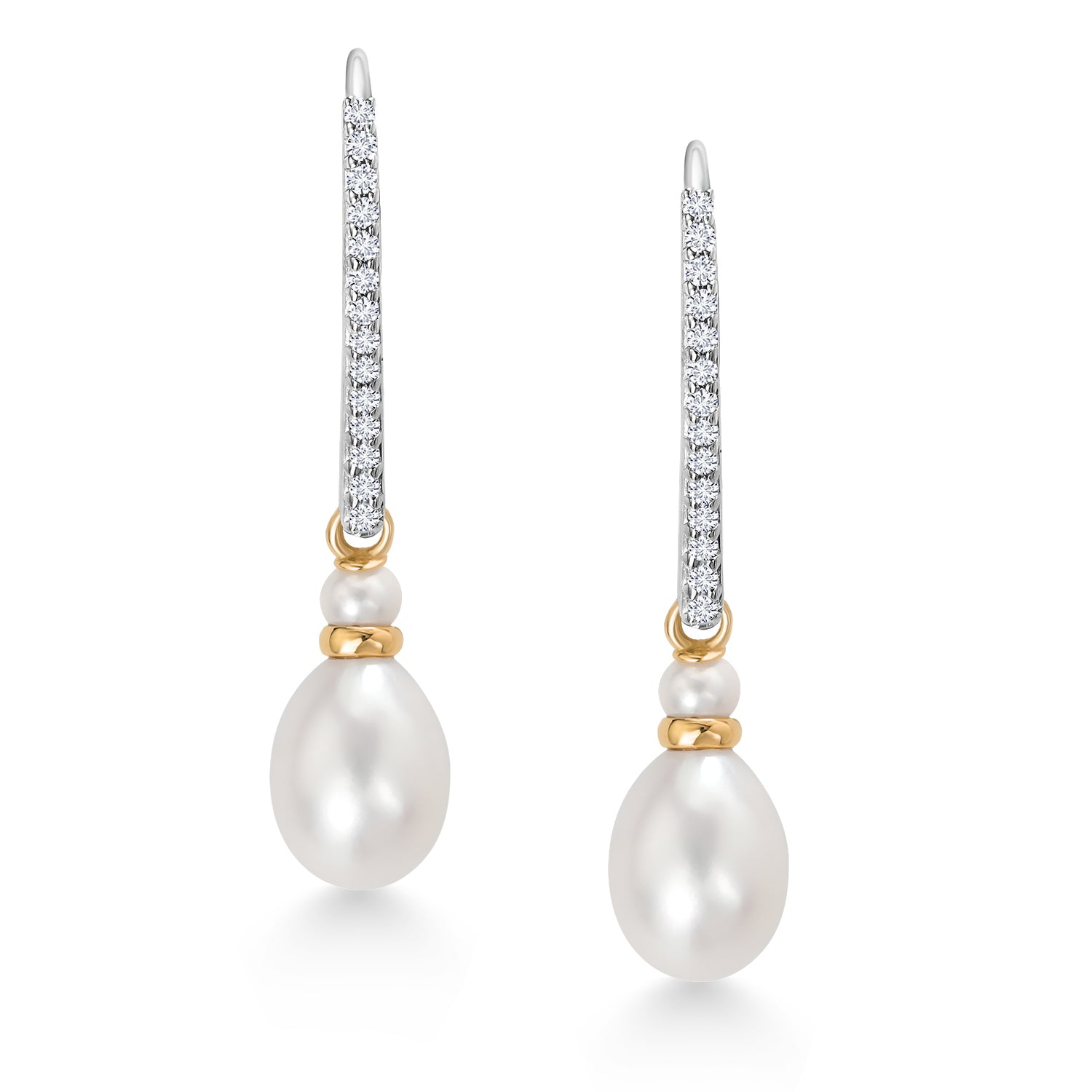 925 Sterling Silver and 10K Yellow Gold 9X7MM Cultured Freshwater Pearl and White Lab Grown Diamond Dangling Earrings with Leverback For Women