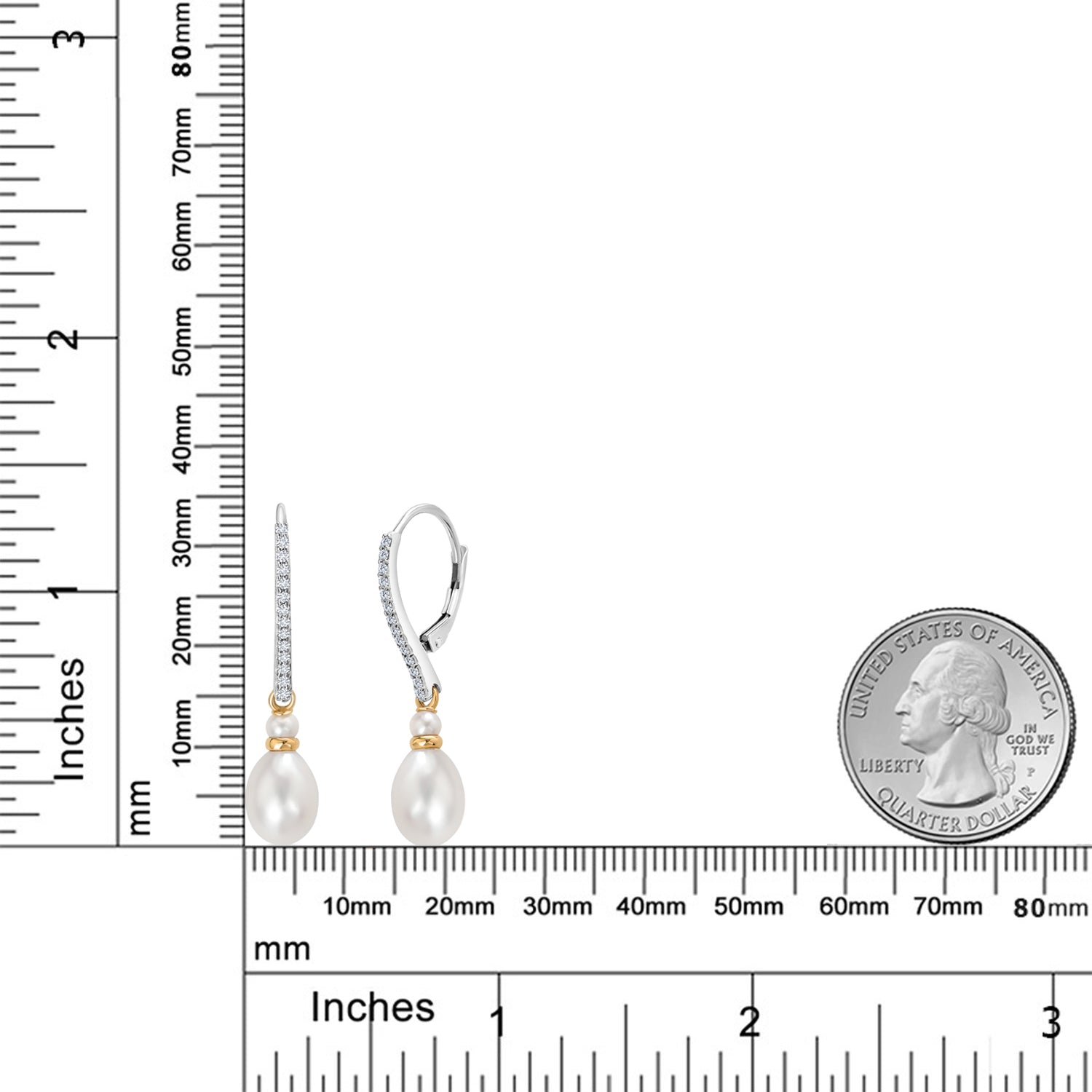 925 Sterling Silver and 10K Yellow Gold 9X7MM Cultured Freshwater Pearl and White Lab Grown Diamond Dangling Earrings with Leverback For Women