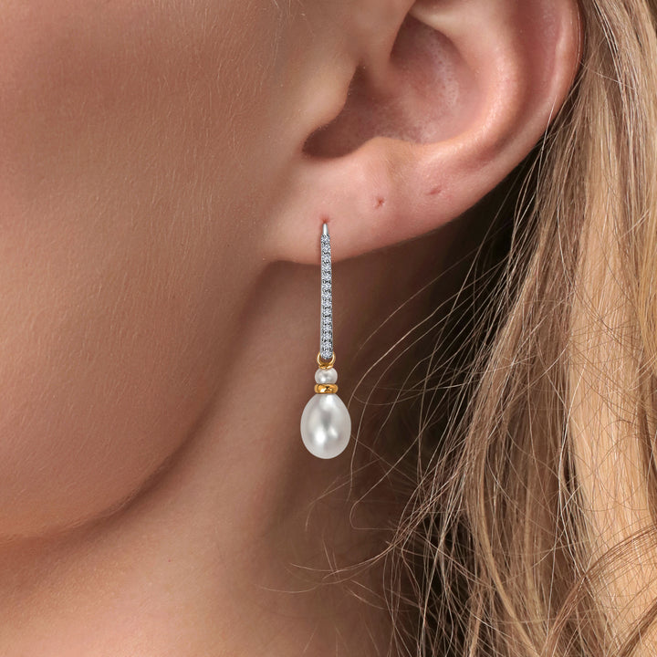 925 Sterling Silver and 10K Yellow Gold 9X7MM Cultured Freshwater Pearl and White Lab Grown Diamond Dangling Earrings with Leverback For Women