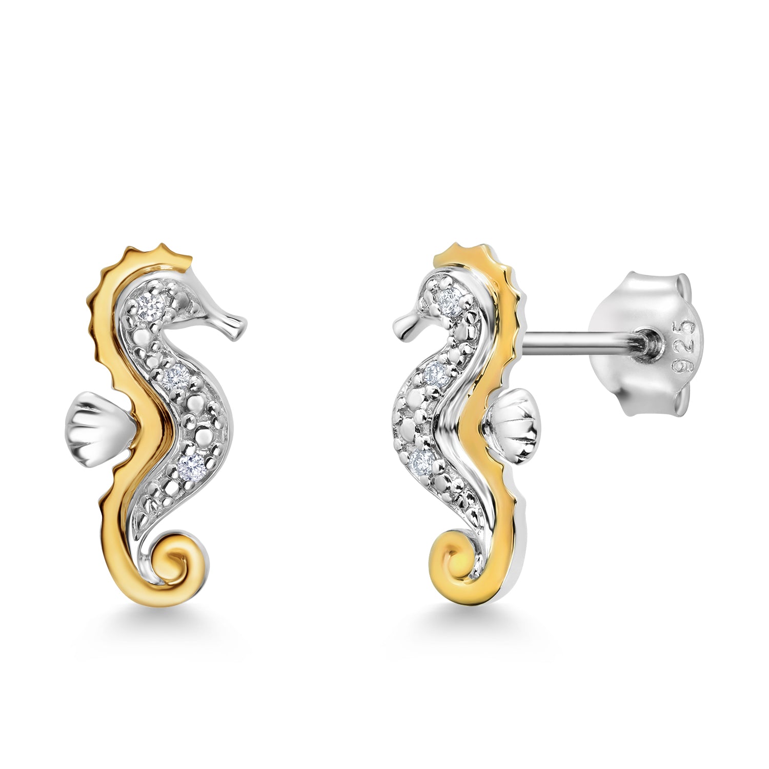 925 Sterling Silver and 10K Yellow Gold White Lab Grown Diamond Seahorse Stud Earrings For Women