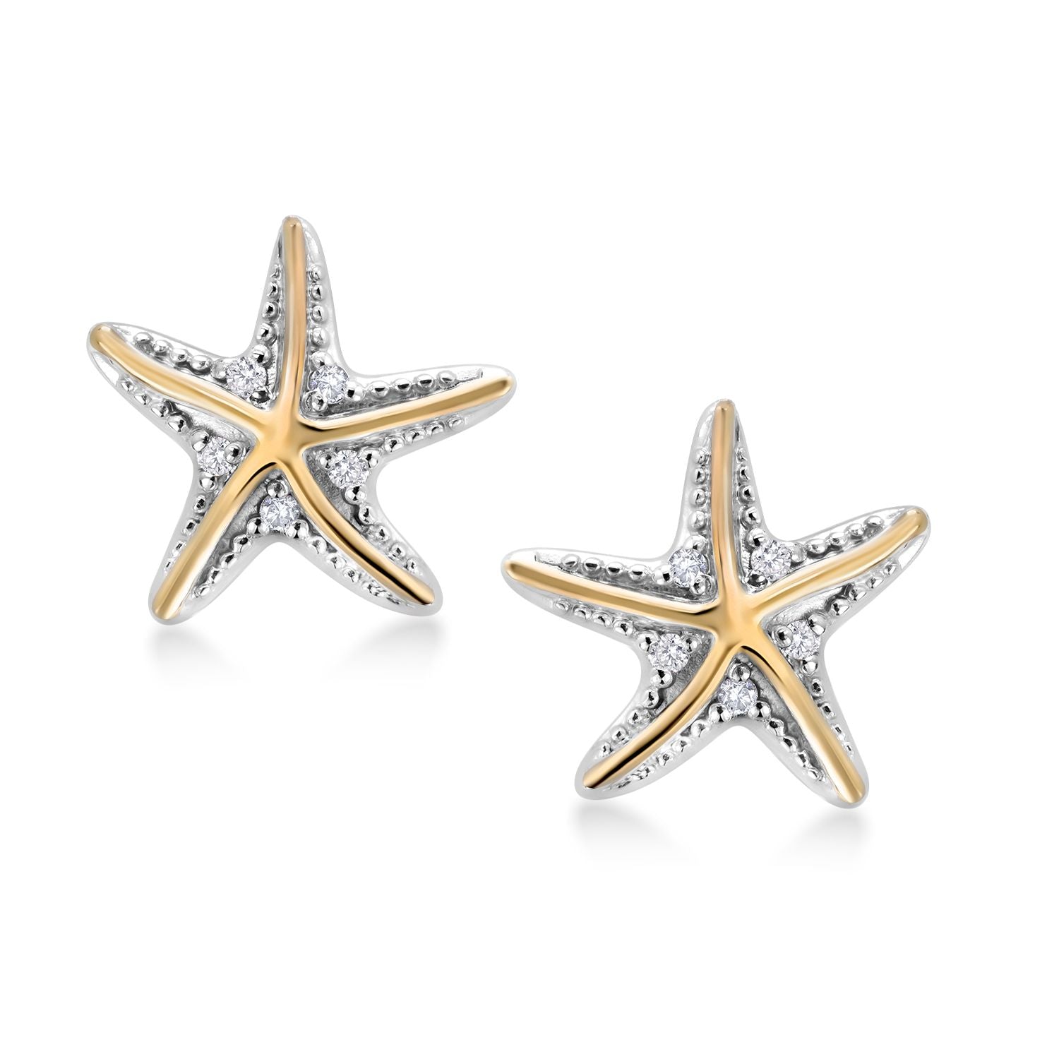 925 Sterling Silver and 10K Yellow Gold White Lab Grown Diamond Starfish Stud Earrings For Women (E-F Color and VVS-VS Clarity, 12X12MM)