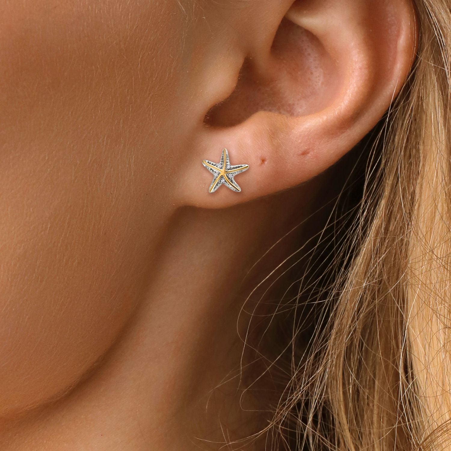 925 Sterling Silver and 10K Yellow Gold White Lab Grown Diamond Starfish Stud Earrings For Women (E-F Color and VVS-VS Clarity, 12X12MM)