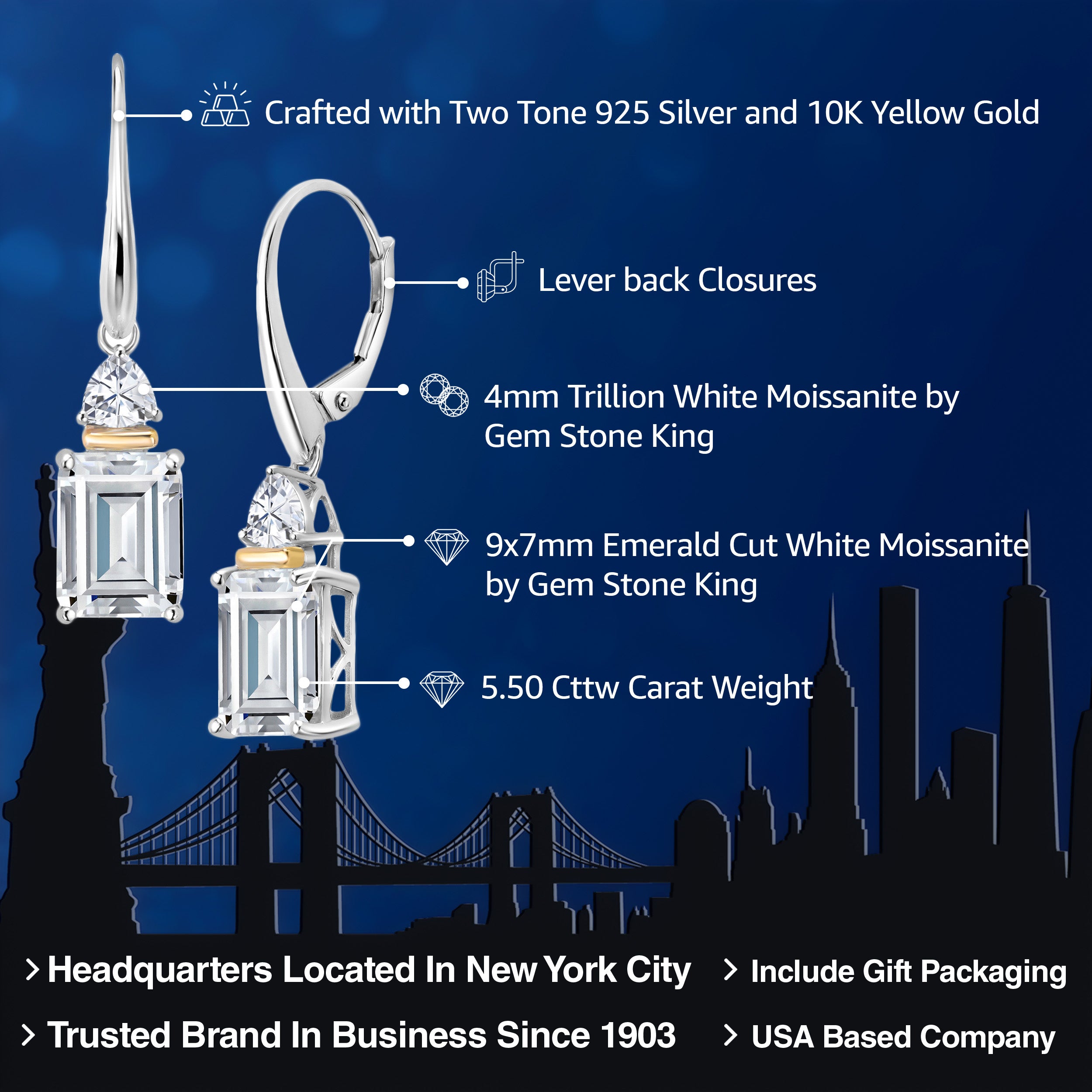 925 Sterling Silver and 10K Yellow Gold White Moissanite Dangle Earrings For Women (5.50 Cttw, Emerald Cut 9X7MM, Trillion 4MM)