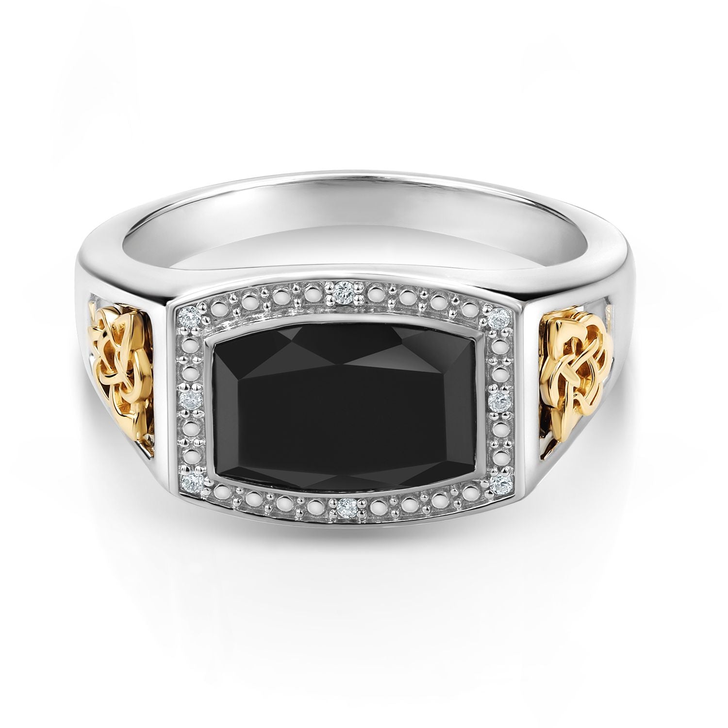 4.51 Cttw Black Onyx and White Lab Grown Diamond Ring For Men Set In 925 Silver and 10K Yellow Gold | Emerald Cut 11X8MM | Available In Size 7, 8, 9, 10, 11, 12, 13