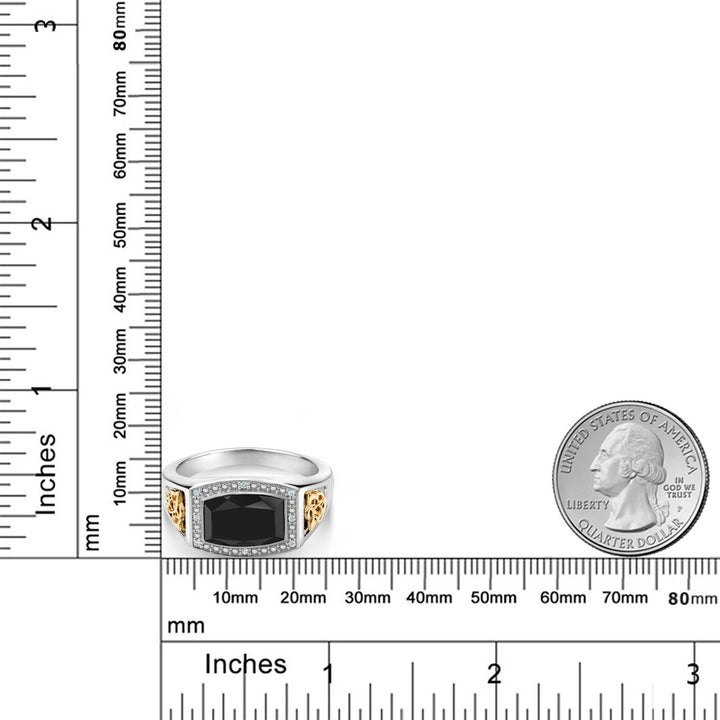4.51 Cttw Black Onyx and White Lab Grown Diamond Ring For Men Set In 925 Silver and 10K Yellow Gold | Emerald Cut 11X8MM | Available In Size 7, 8, 9, 10, 11, 12, 13