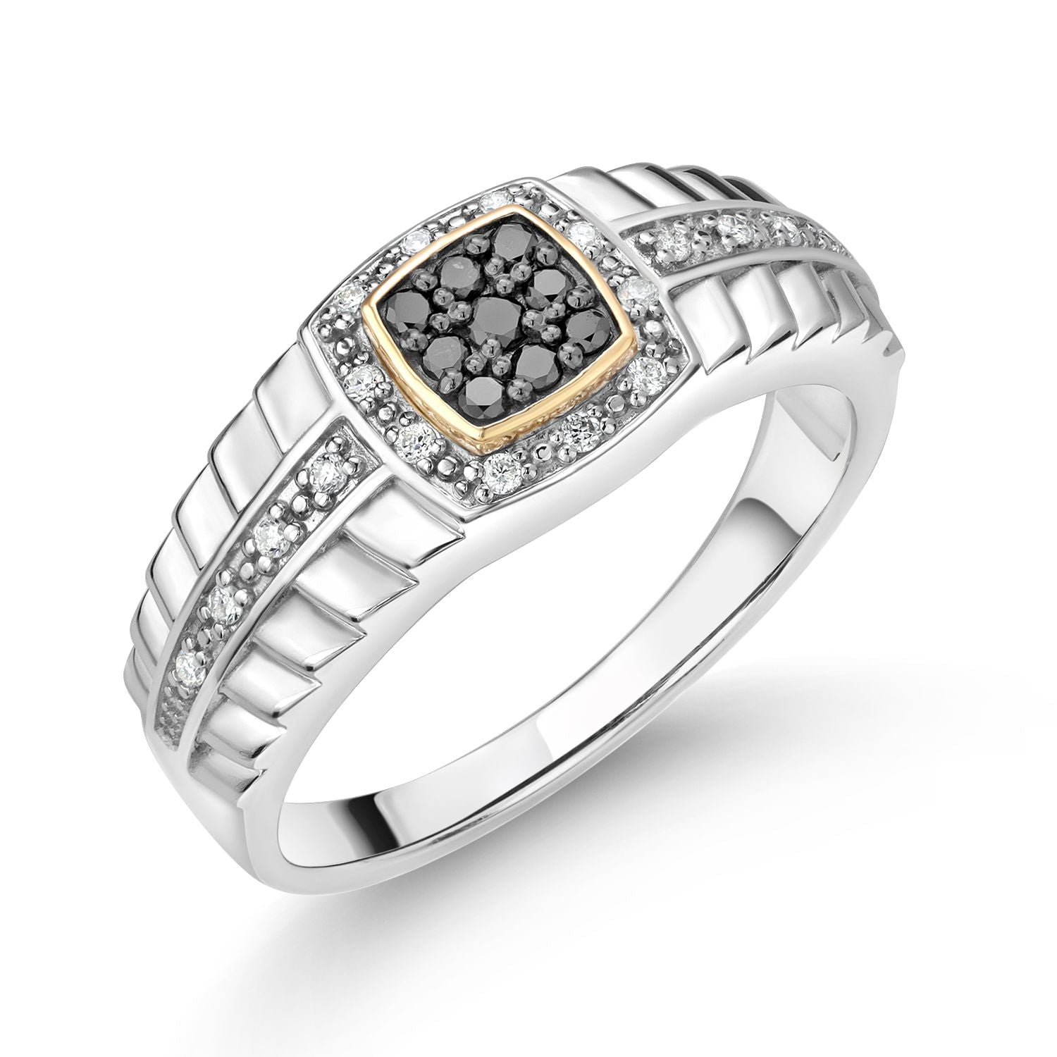 Men's 925 Silver and 10K Yellow Gold White Lab Grown Diamond and Black Diamond Ring (0.19 Cttw, Available In Size 7, 8, 9, 10, 11, 12, 13)