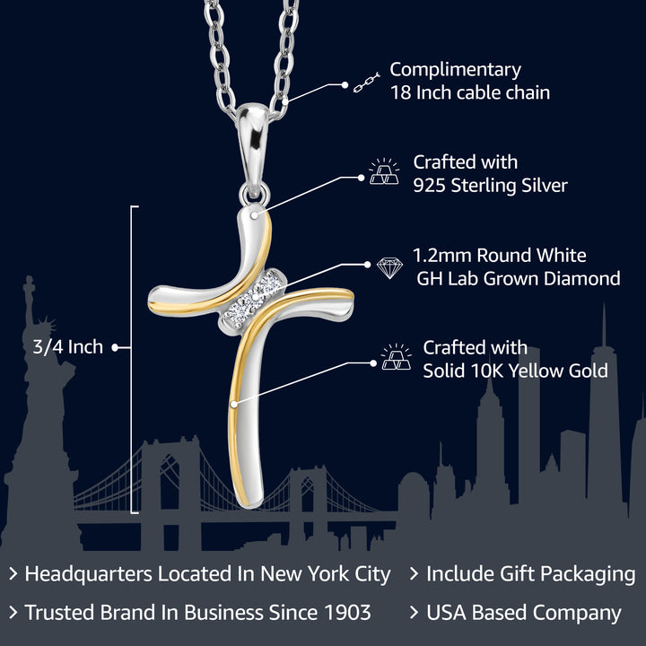 925 Sterling Silver and 10K Yellow Gold White Lab Grown Diamond Cross Pendant Necklace For Women (E-F Color, 3/4 Inch, with 18 Inch Chain)