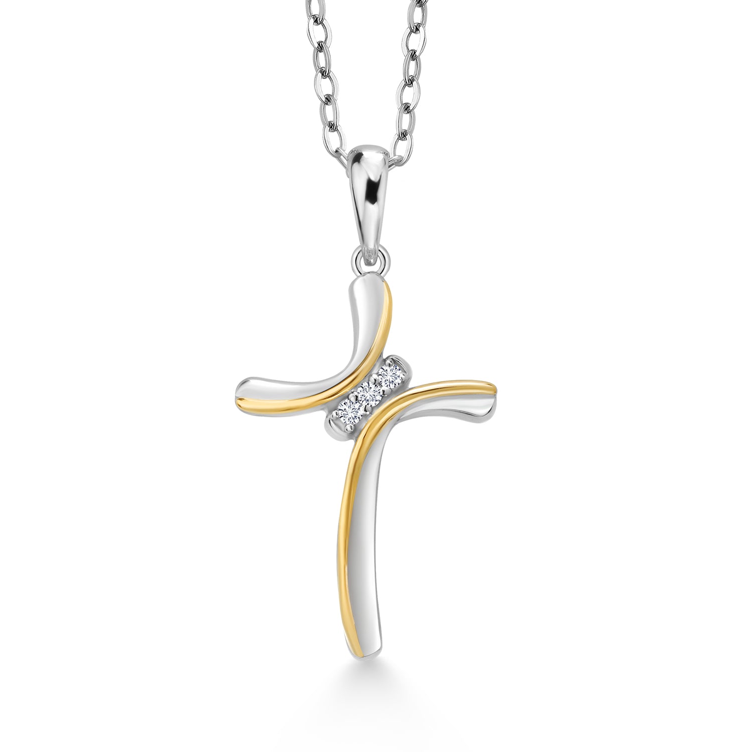 925 Sterling Silver and 10K Yellow Gold White Lab Grown Diamond Cross Pendant Necklace For Women (E-F Color, 3/4 Inch, with 18 Inch Chain)