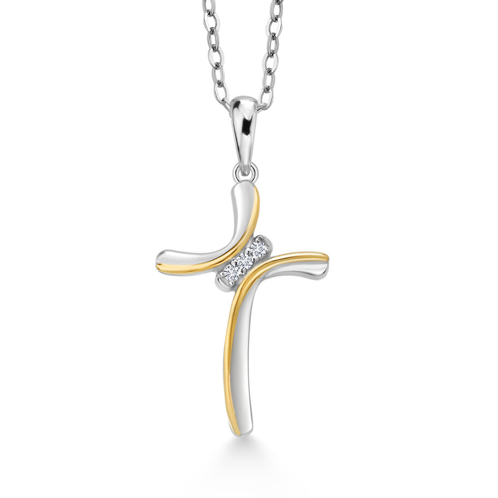 925 Sterling Silver and 10K Yellow Gold White Lab Grown Diamond Cross Pendant Necklace For Women (E-F Color, 3/4 Inch, with 18 Inch Chain)