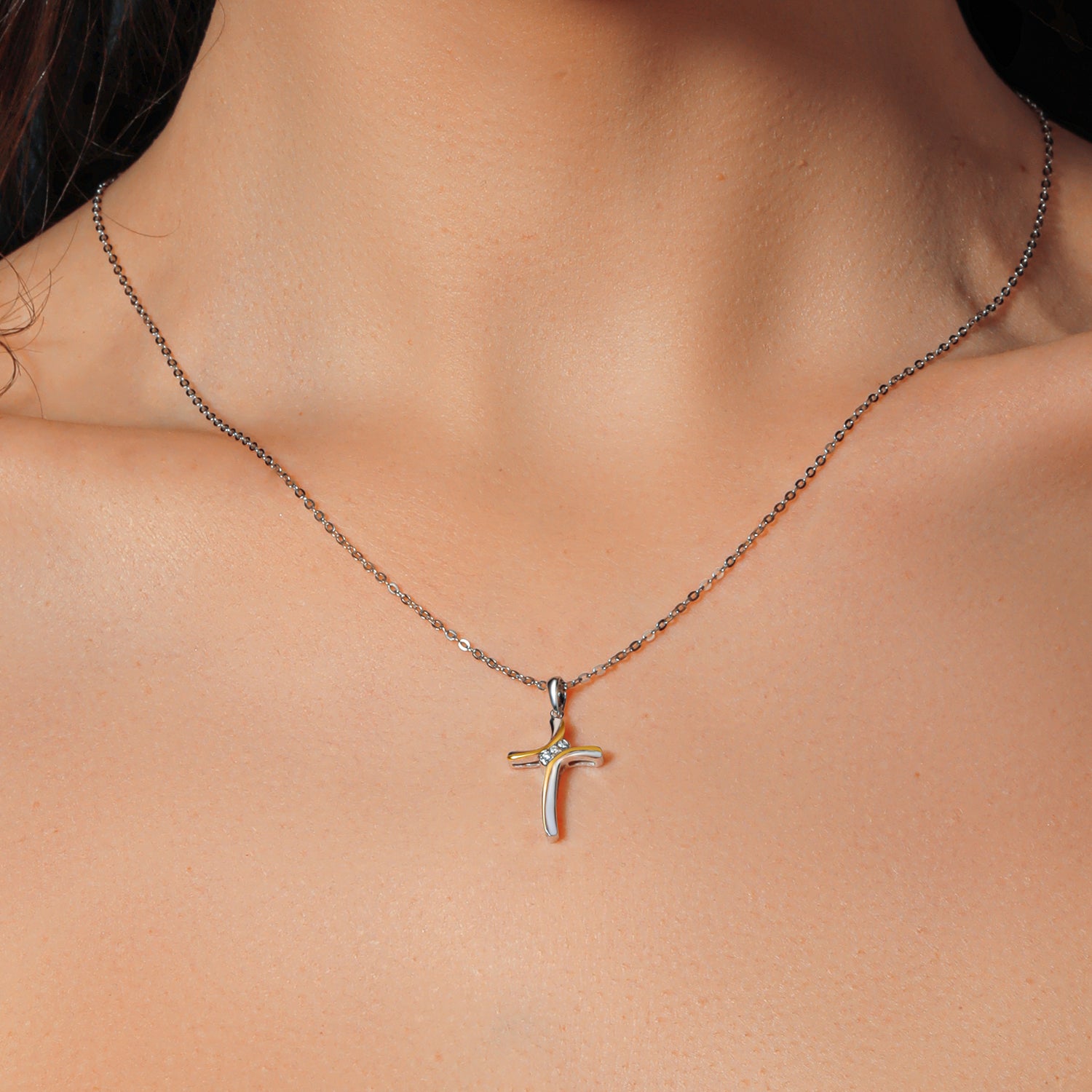 925 Sterling Silver and 10K Yellow Gold White Lab Grown Diamond Cross Pendant Necklace For Women (E-F Color, 3/4 Inch, with 18 Inch Chain)