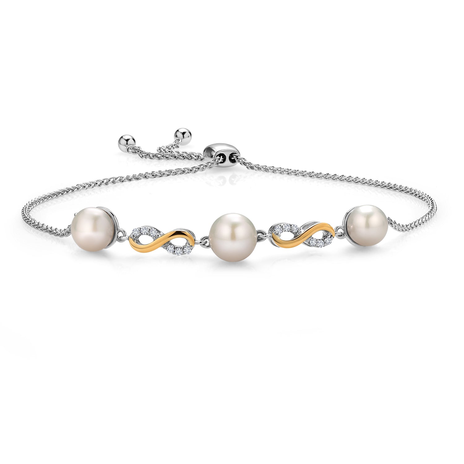 925 Sterling Silver and 10K Yellow Gold Cultured Freshwater Pearl and White Lab Grown Diamond Infinity Tennis Bracelet for Women (Round 6-7.5MM Pearls, Adjustable Up to 9.25 Inch)