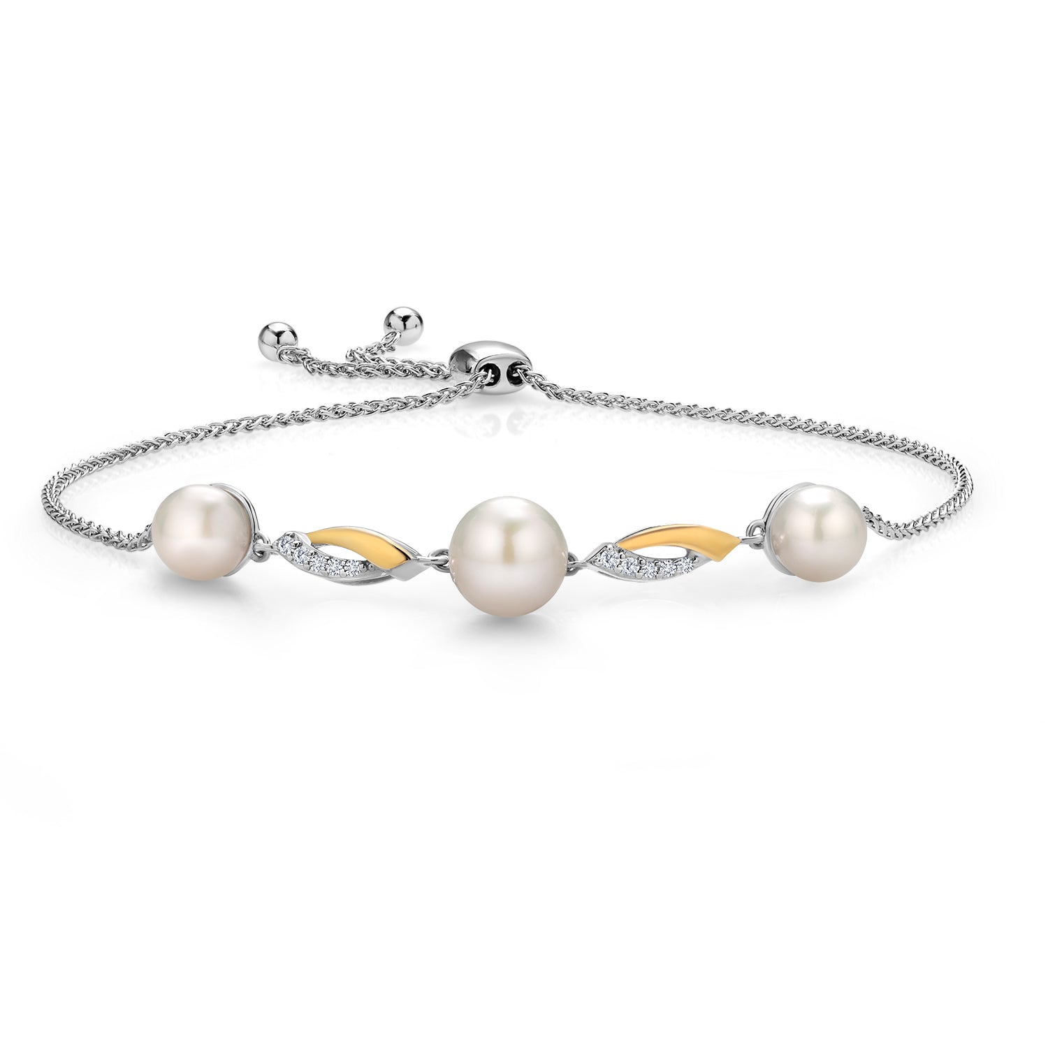 925 Sterling Silver and 10K Yellow Gold Cultured Freshwater Pearl and White Lab Grown Diamond Tennis Bracelet for Women (Round 6-7.5MM Pearls, Adjustable Up to 9.25 Inch)