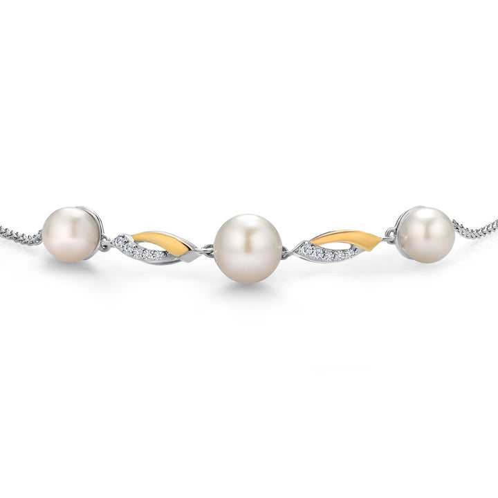 925 Sterling Silver and 10K Yellow Gold Cultured Freshwater Pearl and White Lab Grown Diamond Tennis Bracelet for Women (Round 6-7.5MM Pearls, Adjustable Up to 9.25 Inch)