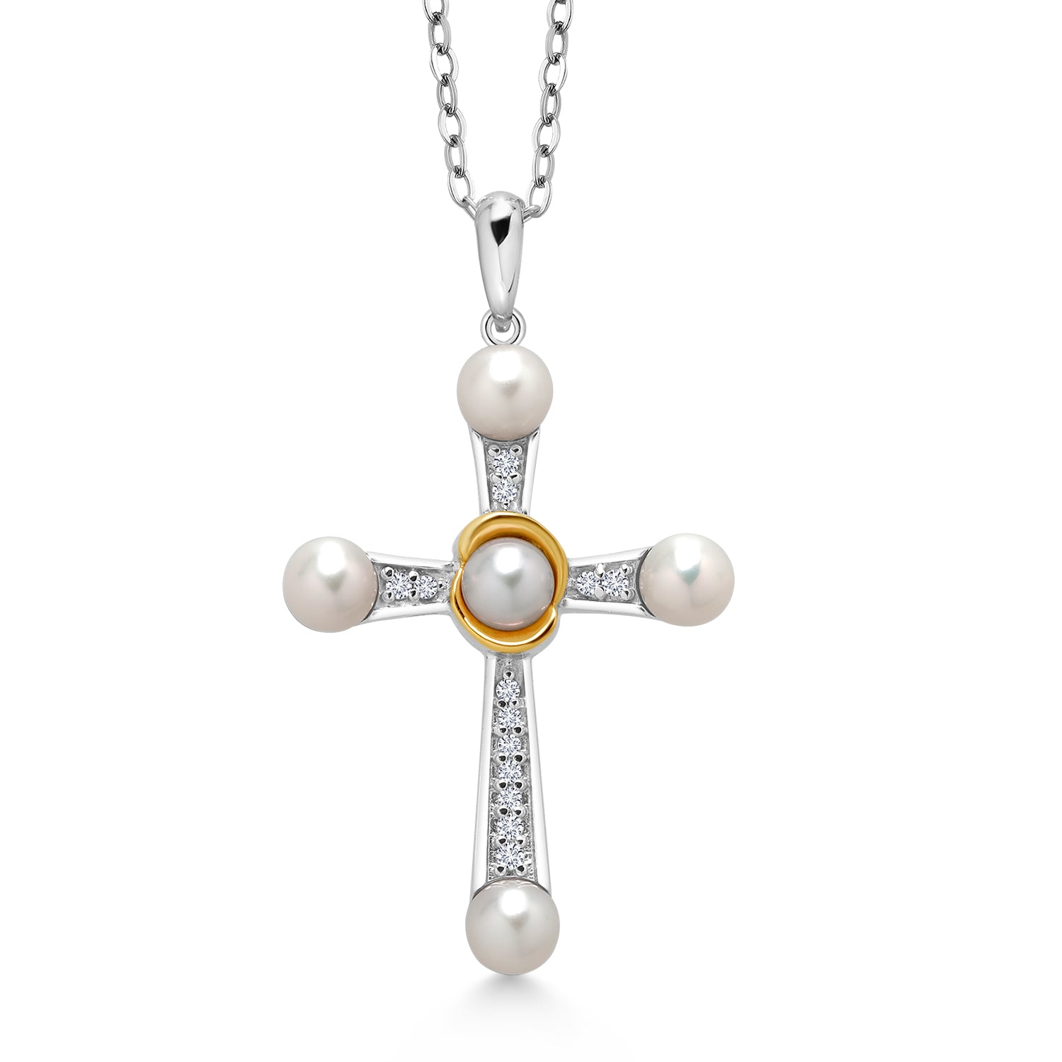 925 Silver and 10K Yellow Gold Cultured Freshwater Pearl and Lab Grown Diamond Cross Pendant Necklace for Women | 0.10 Cttw | Round 4-4.5MM Pearls | 18 Inch Chain