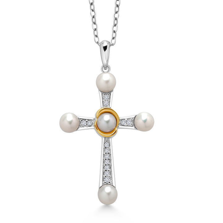 925 Silver and 10K Yellow Gold Cultured Freshwater Pearl and Lab Grown Diamond Cross Pendant Necklace for Women | 0.10 Cttw | Round 4-4.5MM Pearls | 18 Inch Chain