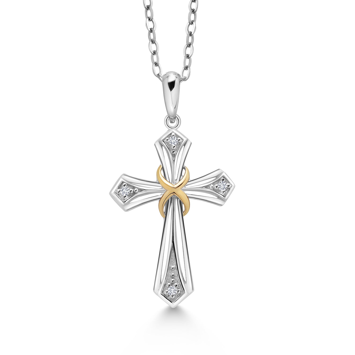 925 Silver and 10K Yellow Gold White Lab Grown Diamond Cross Pendant Necklace for Women (20X15MM, Comes with 18 Inch Chain)