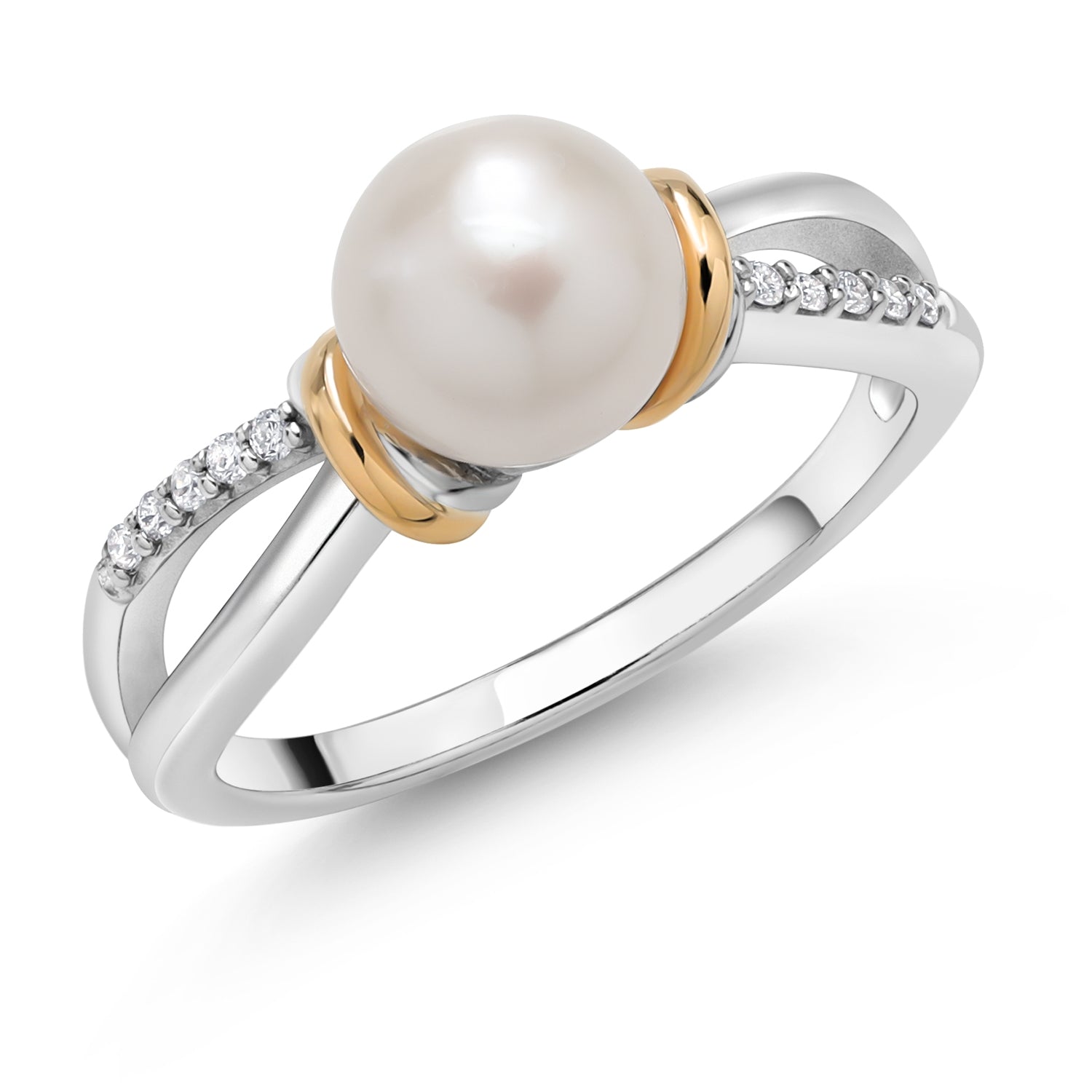 925 Sterling Silver and 10K Yellow Gold Cultured Freshwater Pearl and White Lab Grown Diamond Ring for Women (Round 7-7.5MM Pearl, Available in Size 5,6,7,8,9)