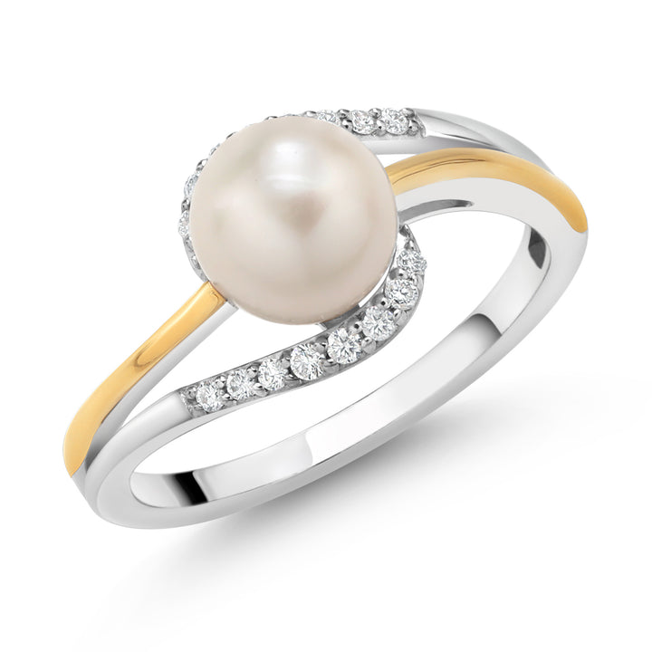 925 Sterling Silver and 10K Yellow Gold Cultured Freshwater Pearl and Lab Grown Diamond Ring for Women (0.12 Cttw, Round 7-7.5MM Pearl, Available in Size 5,6,7,8,9)