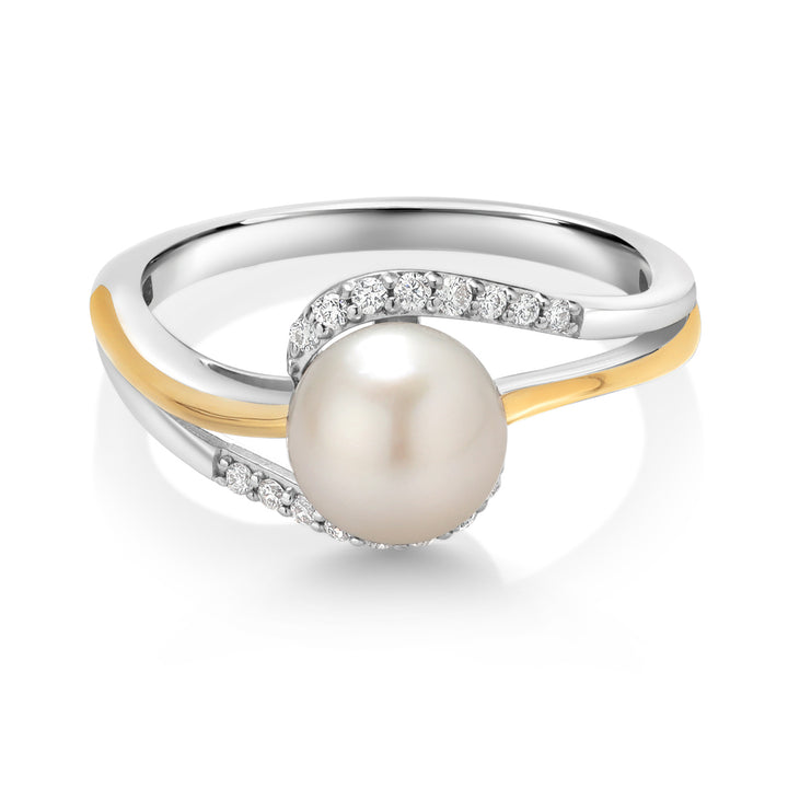 925 Sterling Silver and 10K Yellow Gold Cultured Freshwater Pearl and Lab Grown Diamond Ring for Women (0.12 Cttw, Round 7-7.5MM Pearl, Available in Size 5,6,7,8,9)