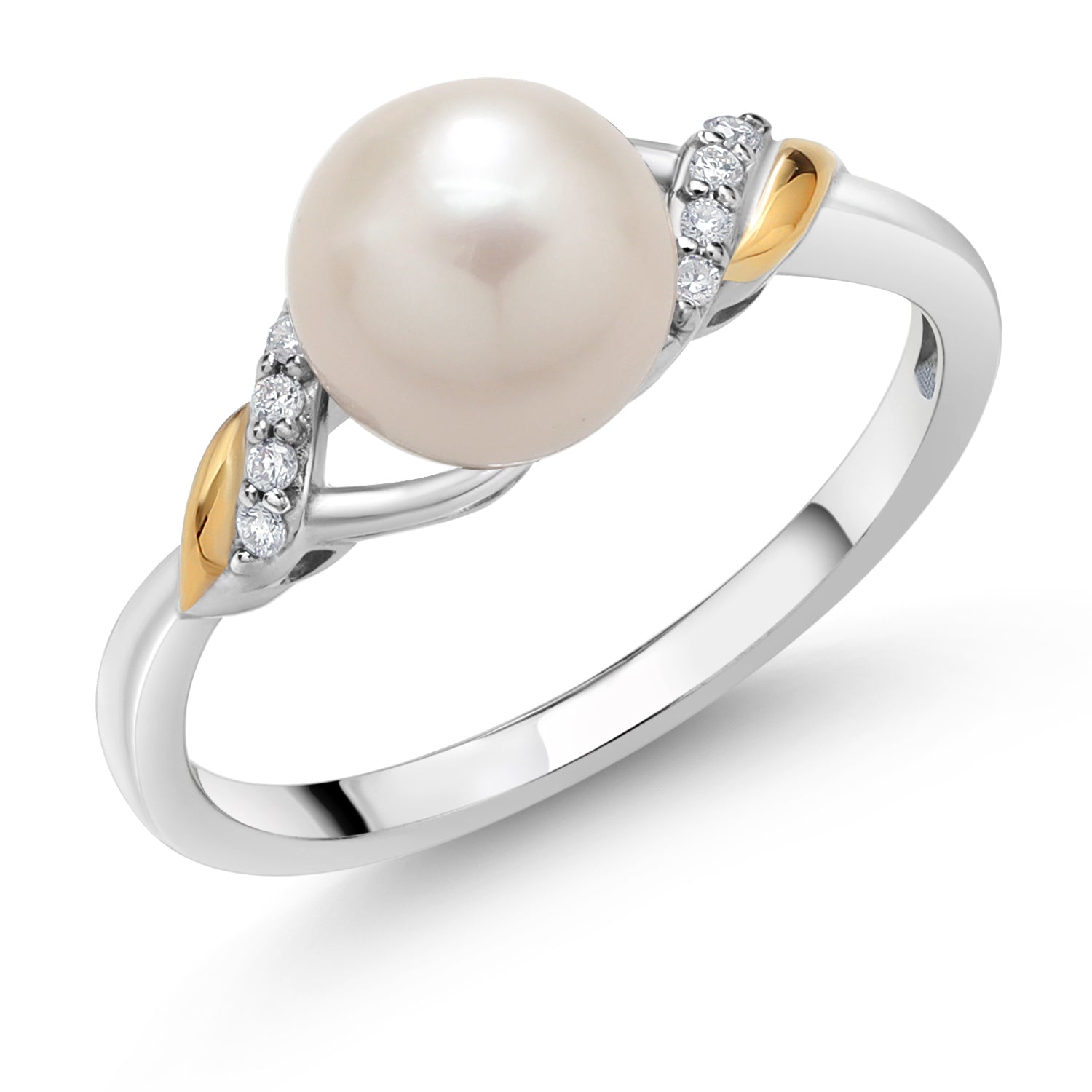 925 Sterling Silver and 10K Yellow Gold Cultured Freshwater Pearl and Lab Grown Diamond Ring for Women (Round 7-7.5MM Pearl, Available in Size 5,6,7,8,9)