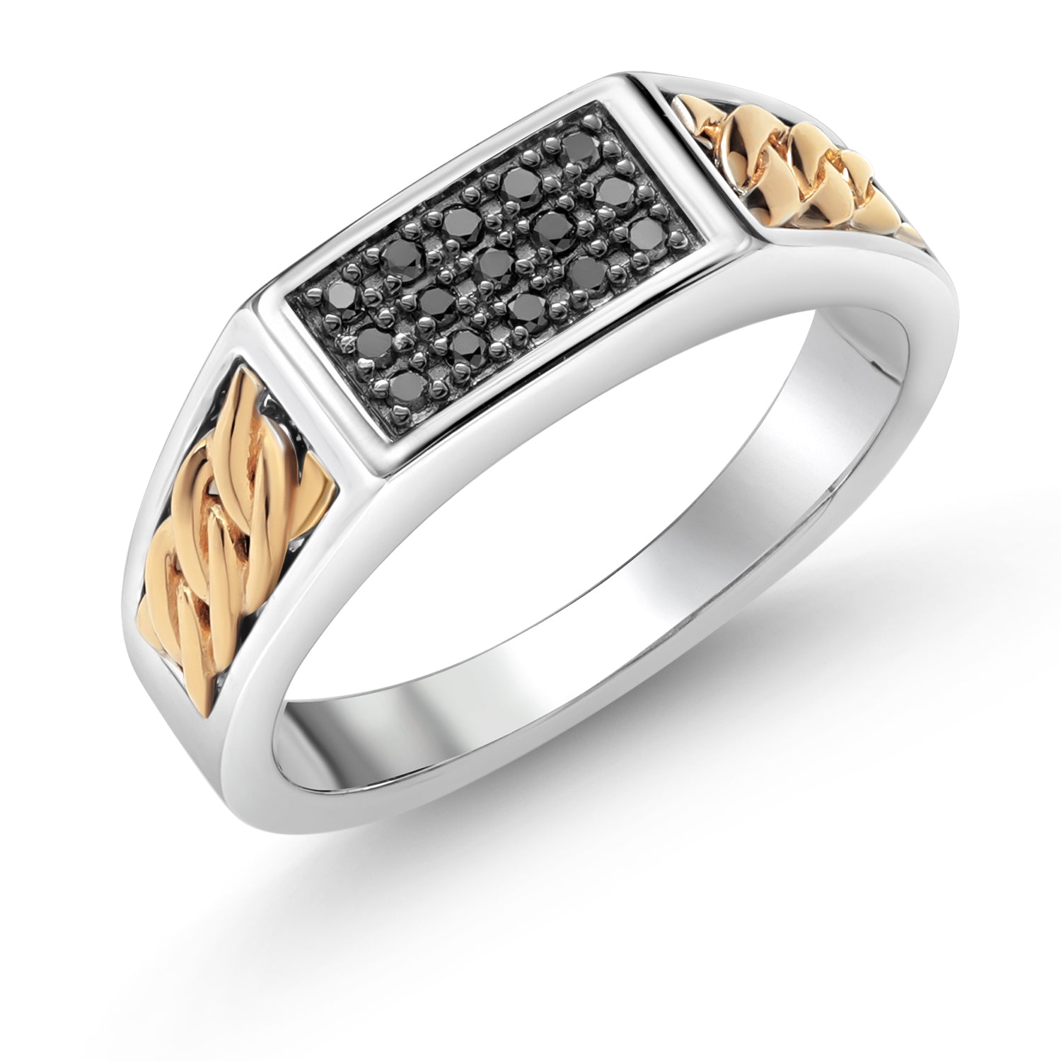 Men's 925 Sterling Silver and 10K Yellow Gold Black Diamond Ring (0.18 Cttw, 6.5MM Width, Available in Size 7,8,9,10,11,12,13)