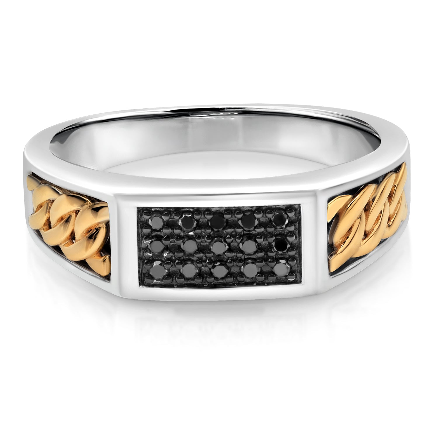 Men's 925 Sterling Silver and 10K Yellow Gold Black Diamond Ring (0.18 Cttw, 6.5MM Width, Available in Size 7,8,9,10,11,12,13)