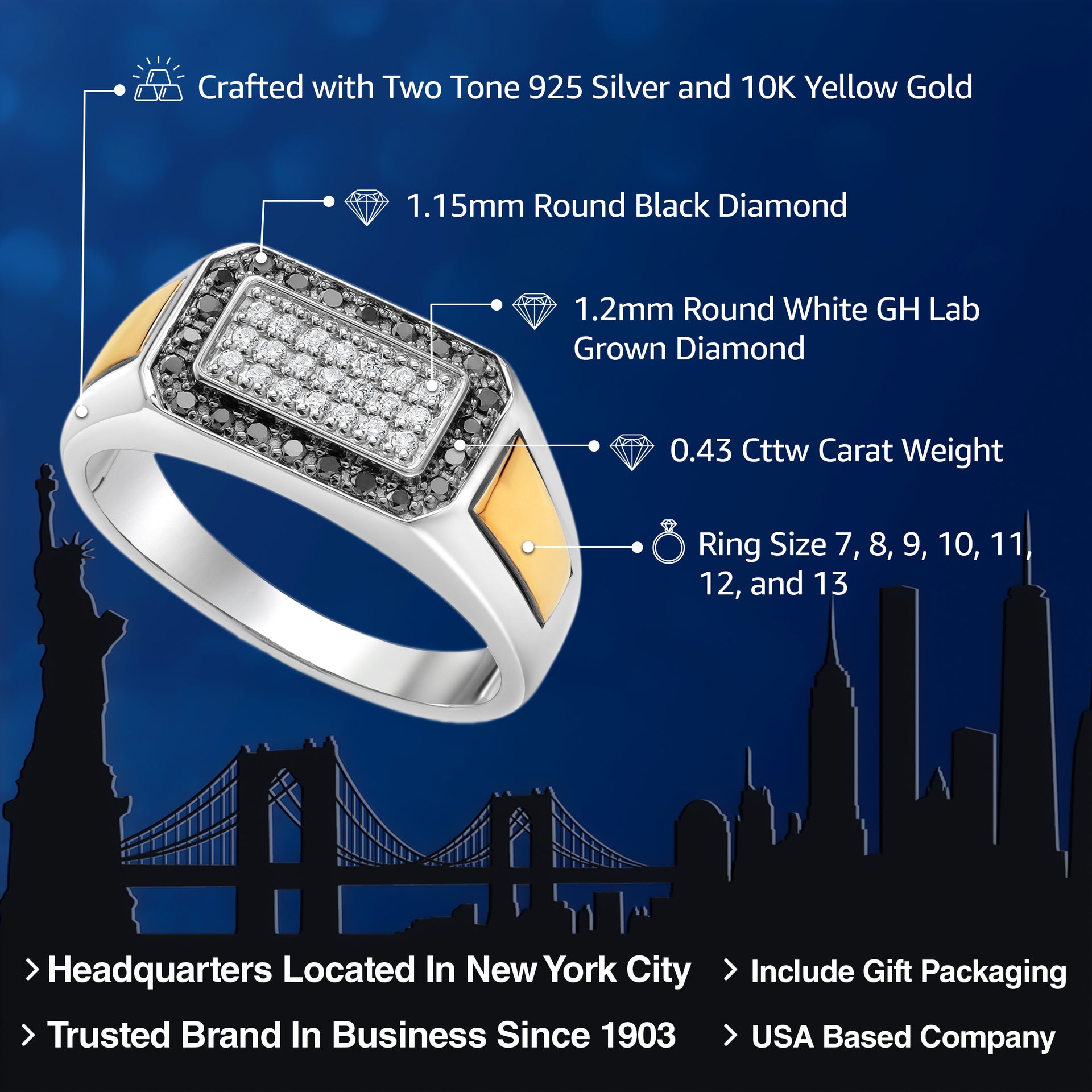 Men's 925 Sterling Silver and 10K Yellow Gold Black Diamond and White Lab Grown Diamond Ring (0.43 Cttw, 9.5MM Width, Available in Size 7,8,9,10,11,12,13)