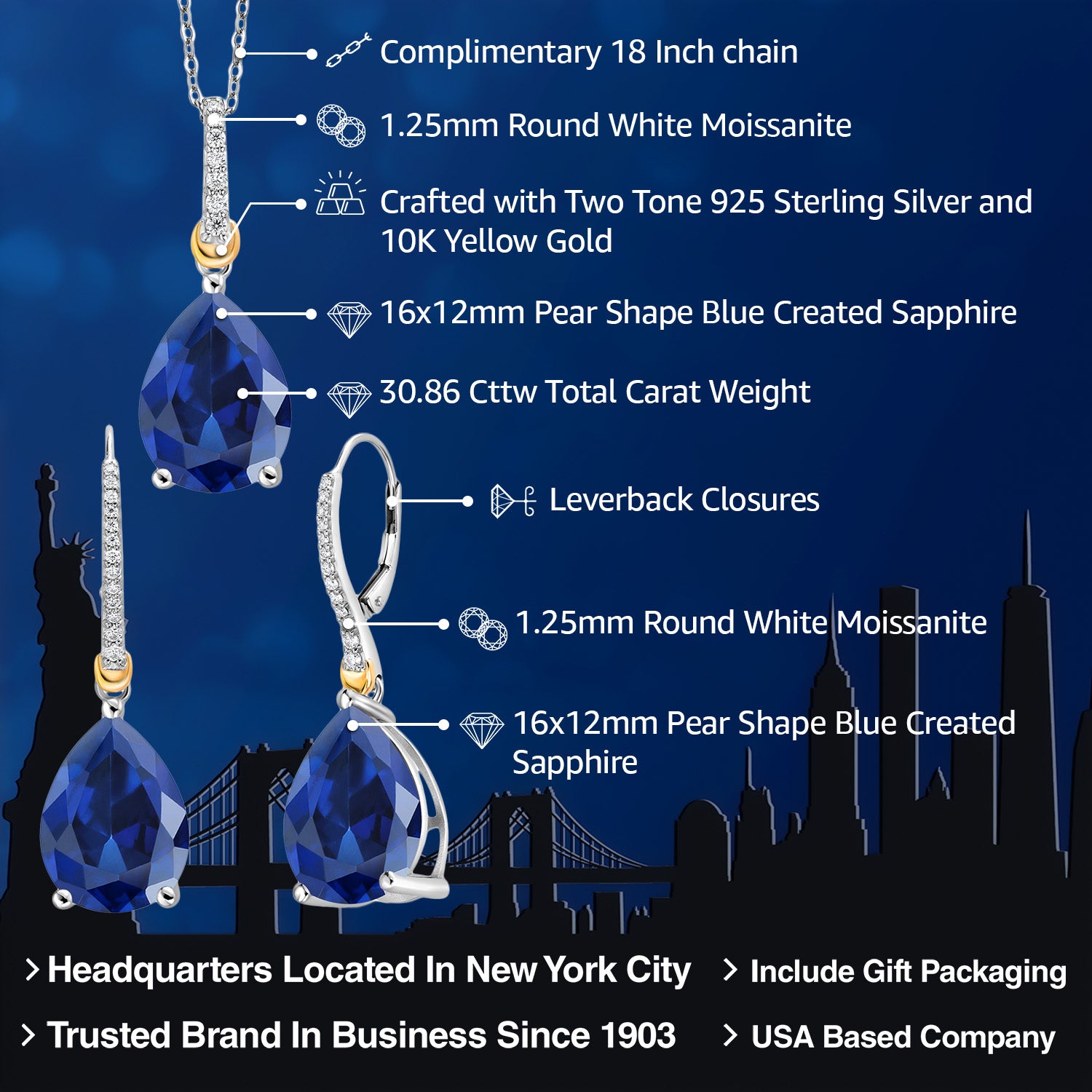 Pendant Earrings Set in 925 Sterling Silver and 10K Yellow Gold