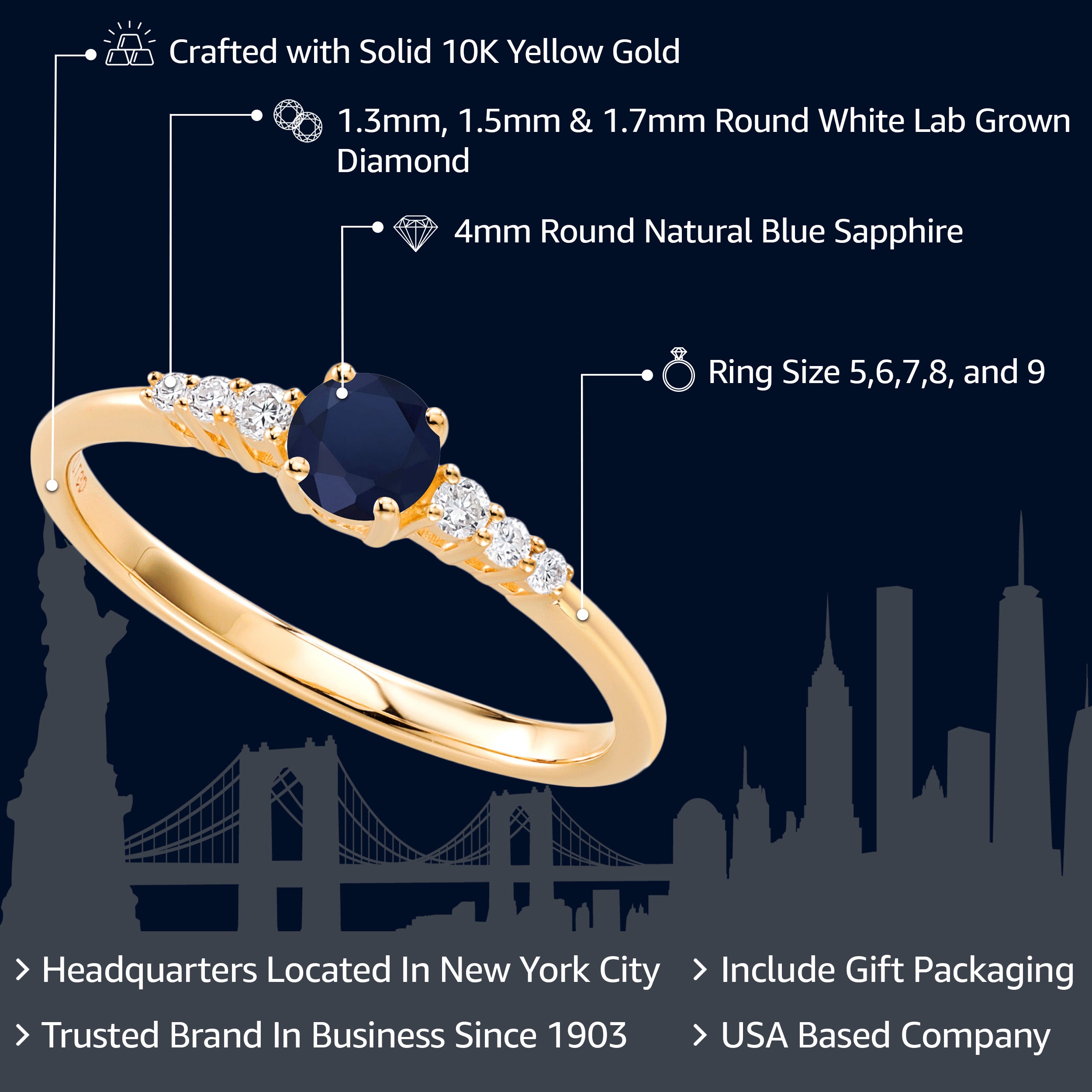 10K Yellow Gold Blue Sapphire and White Lab Grown Diamond Engagement Ring For Women (0.44 Cttw, Round 4MM, Gemstone September Birthstone, Available In Size 5, 6, 7, 8, 9)