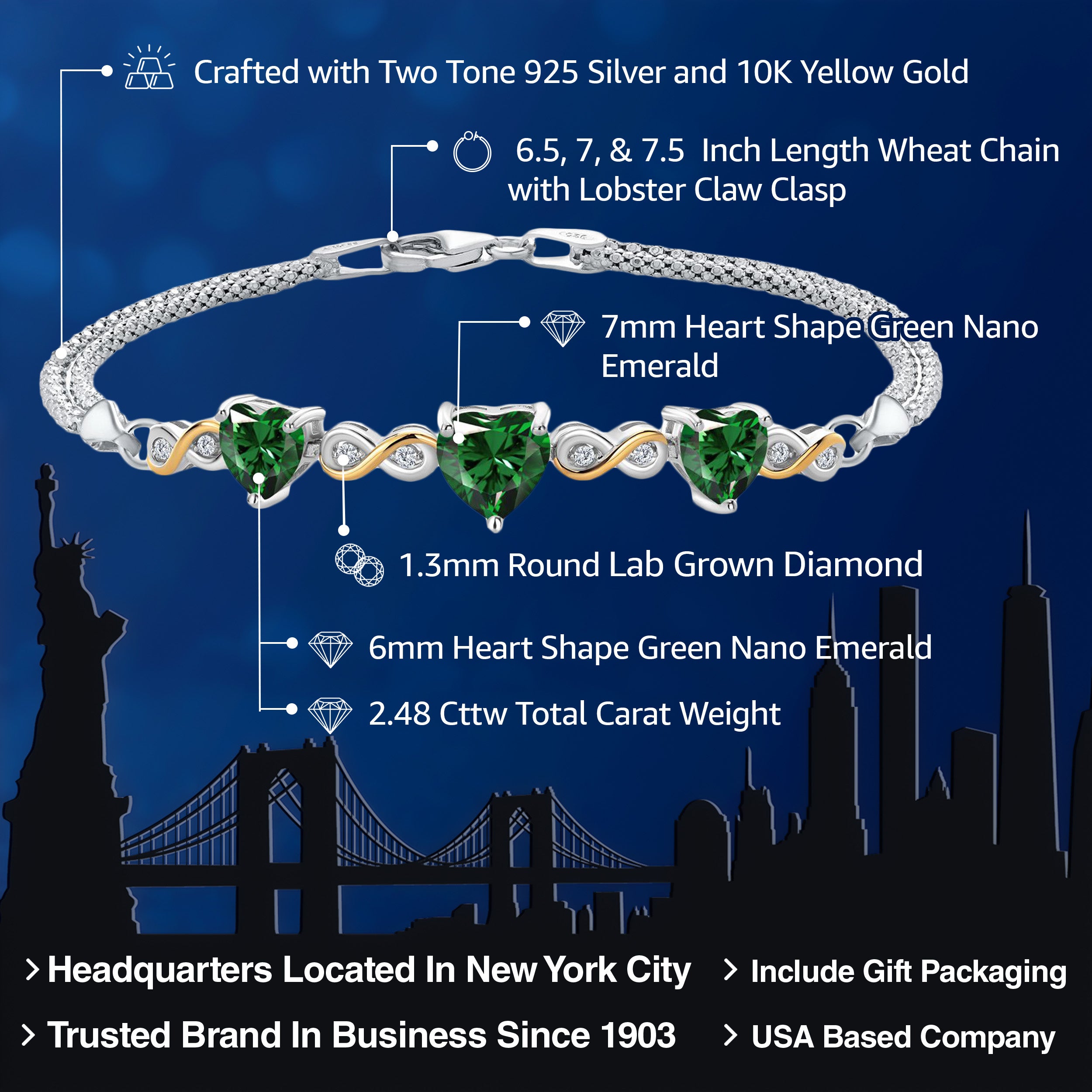 Nano Emerald - May_Bracelet in 925 Sterling Silver and 10K Yellow Gold