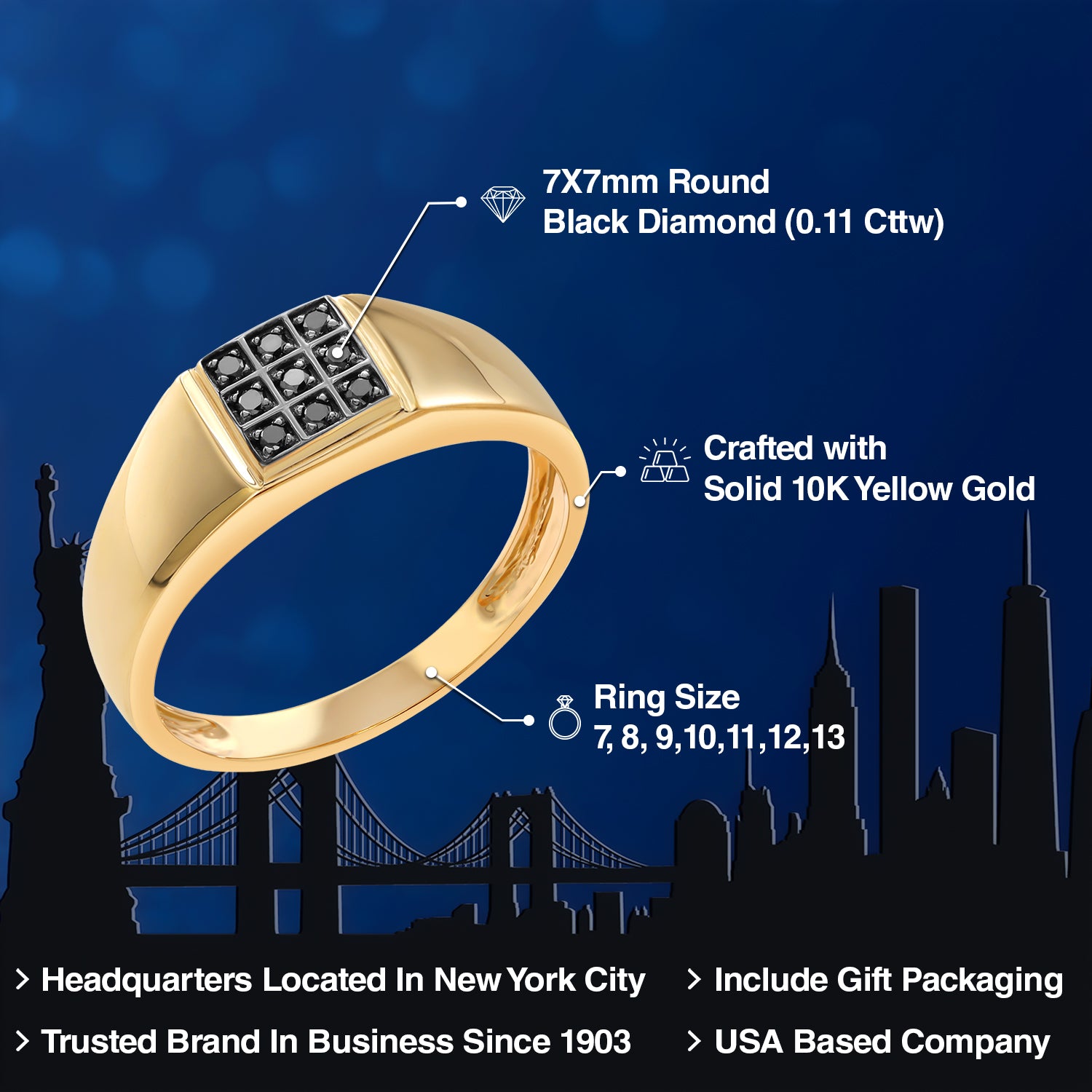 Men's 10K Yellow Gold Round Black Diamond Ring (0.11 Cttw, Top Width 7MM, Available Sizes In 7,8,9,10,11,12,13)