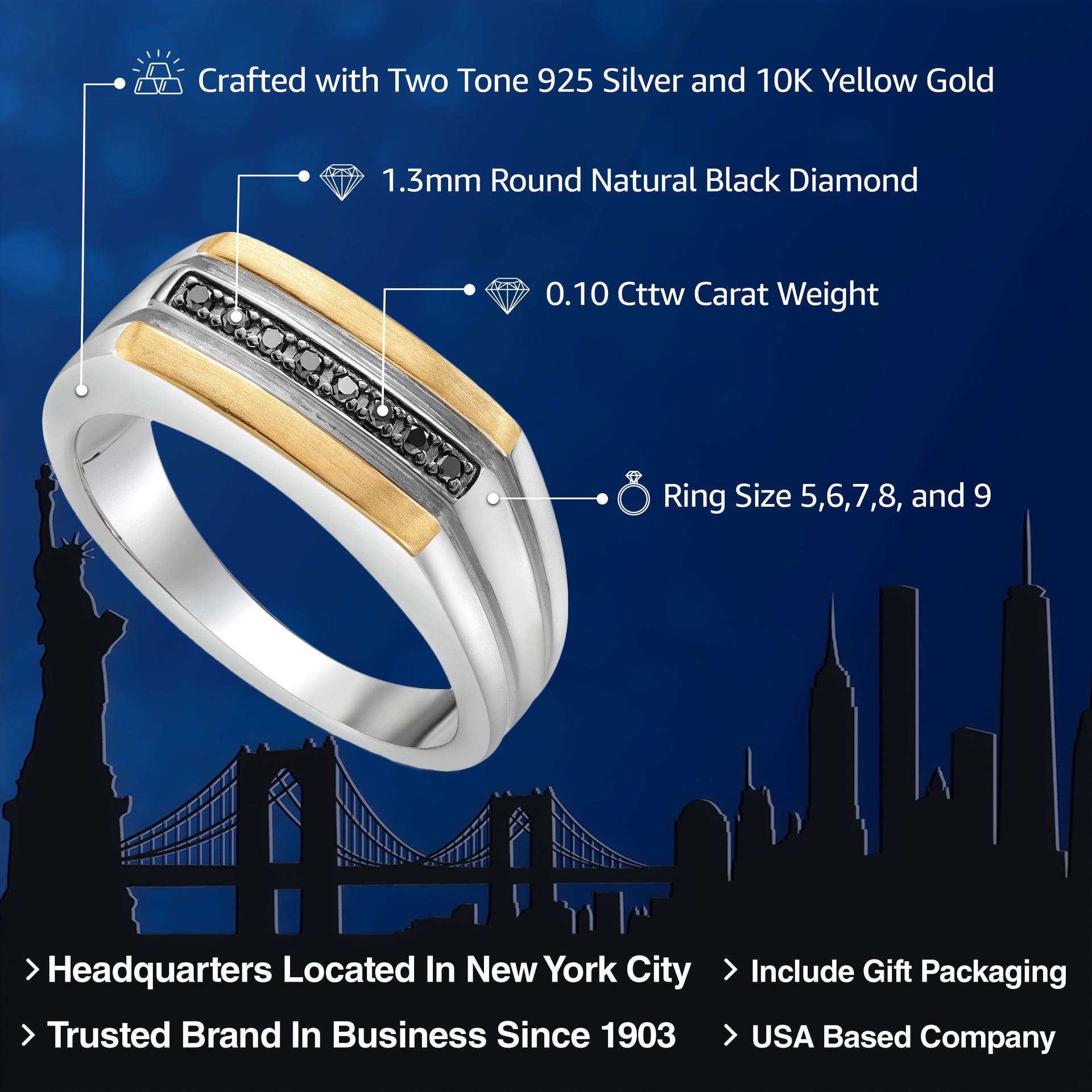 Men's 925 Sterling Silver and 10K Yellow Gold Black Diamond Ring (0.10 Cttw, Top Width 8.5MM,  Available Sizes In 7,8,9,10,11,12,13)