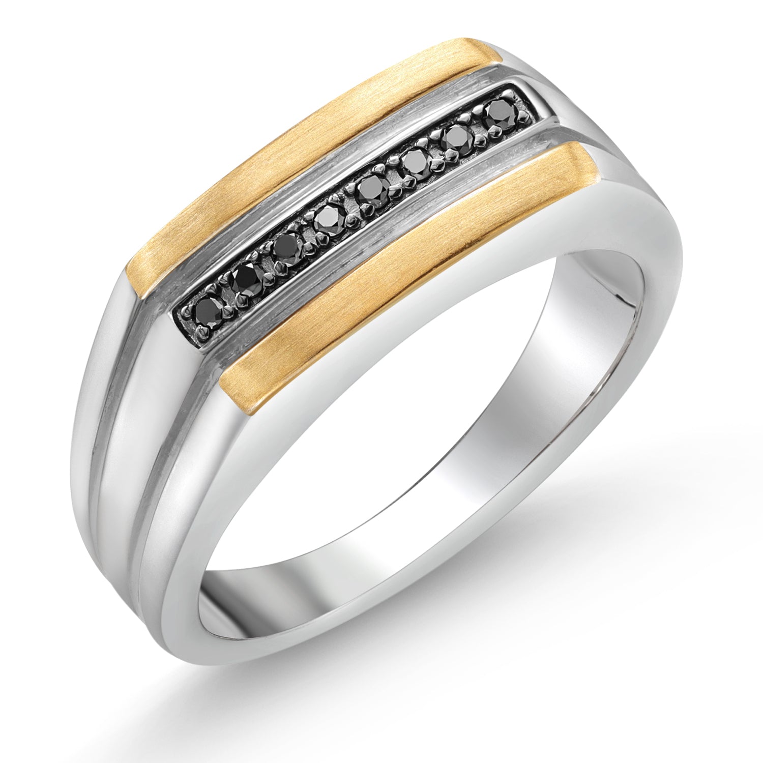 Men's 925 Sterling Silver and 10K Yellow Gold Black Diamond Ring (0.10 Cttw, Top Width 8.5MM,  Available Sizes In 7,8,9,10,11,12,13)