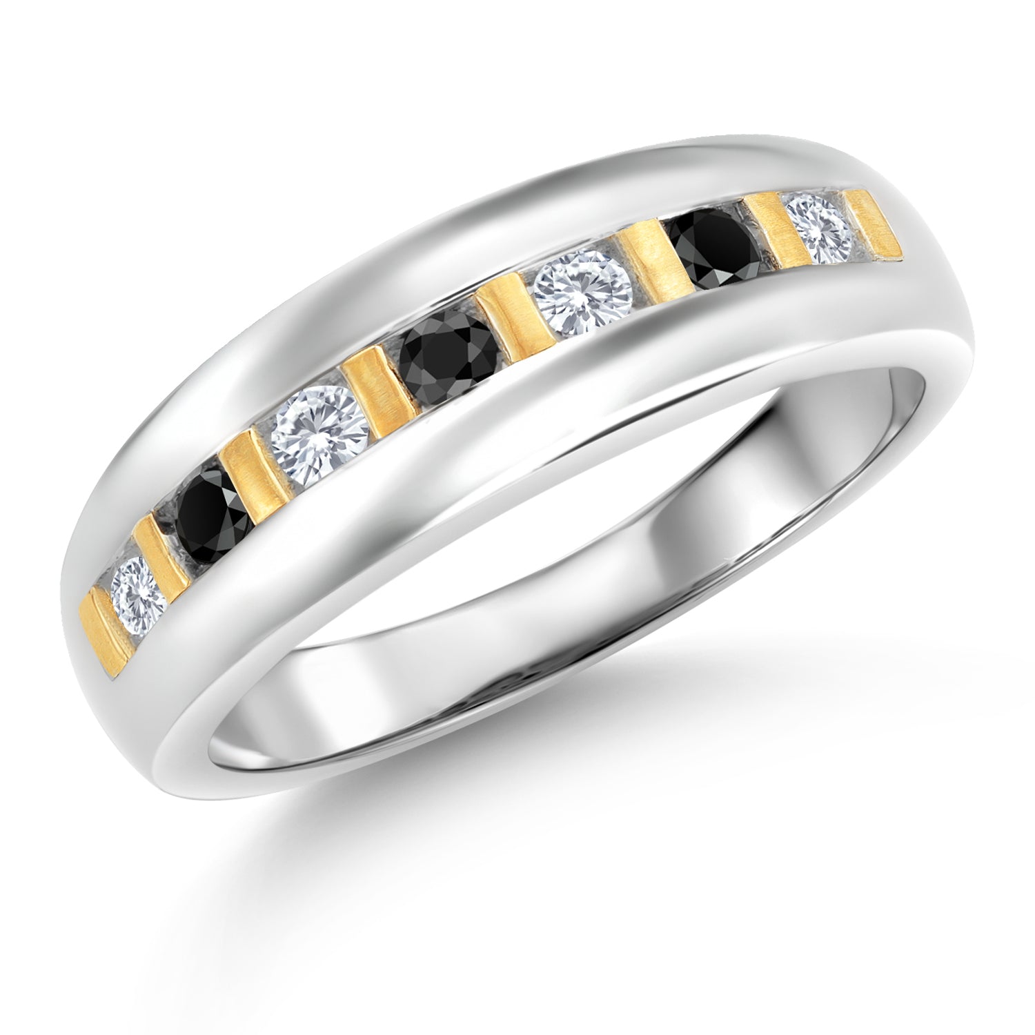 Men's 925 Sterling Silver and 10K Yellow Gold White Lab Grown Diamond and Black Diamond Wedding Band Ring (0.46 Cttw, Round 2.5MM, Available in Size 7,8,9,10,11,12,13)