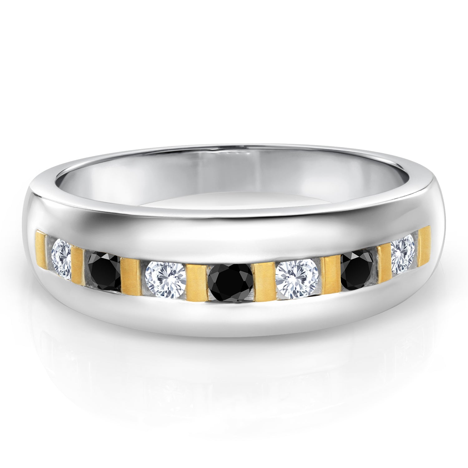 Men's 925 Sterling Silver and 10K Yellow Gold White Lab Grown Diamond and Black Diamond Wedding Band Ring (0.46 Cttw, Round 2.5MM, Available in Size 7,8,9,10,11,12,13)