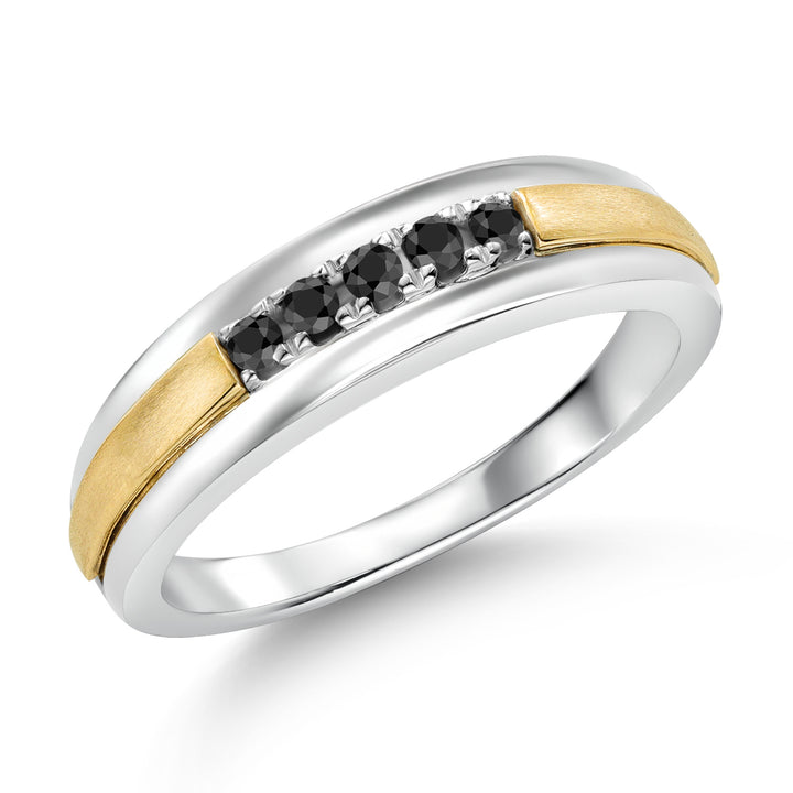 Men's 925 Sterling Silver and 10K Yellow Gold Black Diamond Satin Finish Wedding Band Ring (0.17 Cttw, Round 2MM, Available in Size 7,8,9,10,11,12,13)