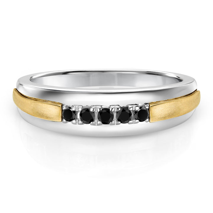 Men's 925 Sterling Silver and 10K Yellow Gold Black Diamond Satin Finish Wedding Band Ring (0.17 Cttw, Round 2MM, Available in Size 7,8,9,10,11,12,13)