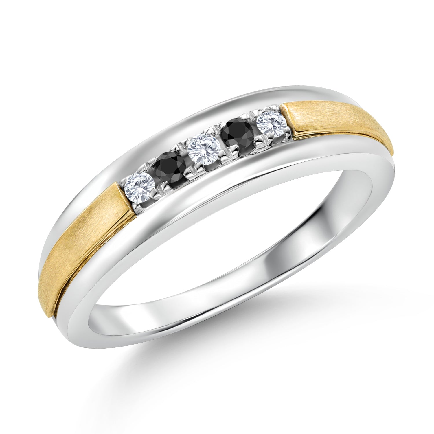 Men's 925 Sterling Silver and 10K Yellow Gold White Lab Grown Diamond and Black Diamond Satin Finish Wedding Band Ring (0.18 Cttw, Round 2MM, Available in Size 7,8,9,10,11,12,13)