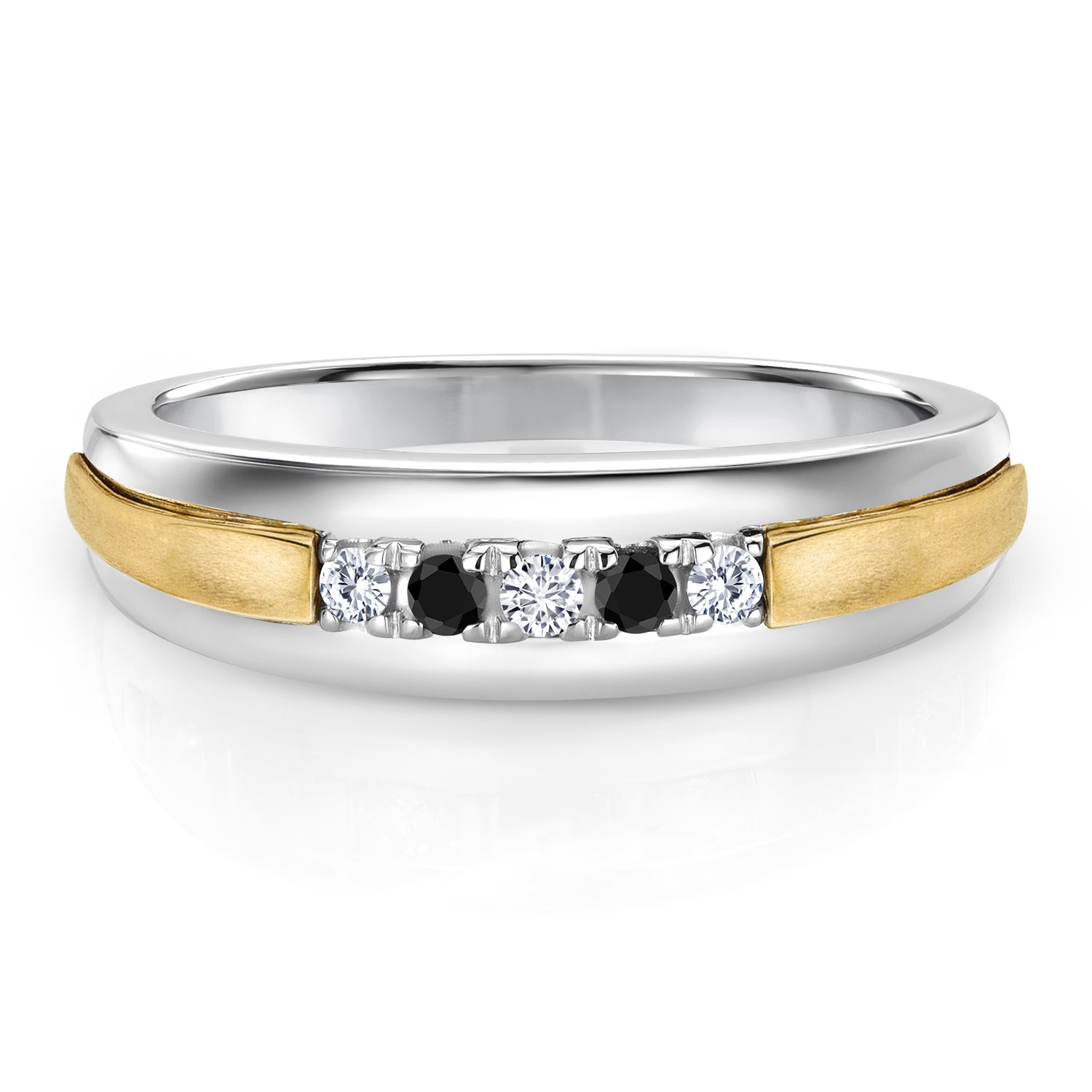 Men's 925 Sterling Silver and 10K Yellow Gold White Lab Grown Diamond and Black Diamond Satin Finish Wedding Band Ring (0.18 Cttw, Round 2MM, Available in Size 7,8,9,10,11,12,13)