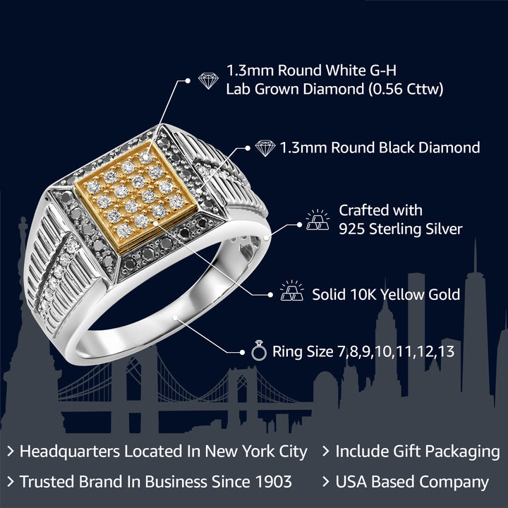 Men's 925 Sterling Silver & 10K Yellow Gold Lab Grown Diamond & Black Diamond Cuban Rolex Style Square Cut Band Ring For Men | 0.56 Cttw | Available in Size 7-13