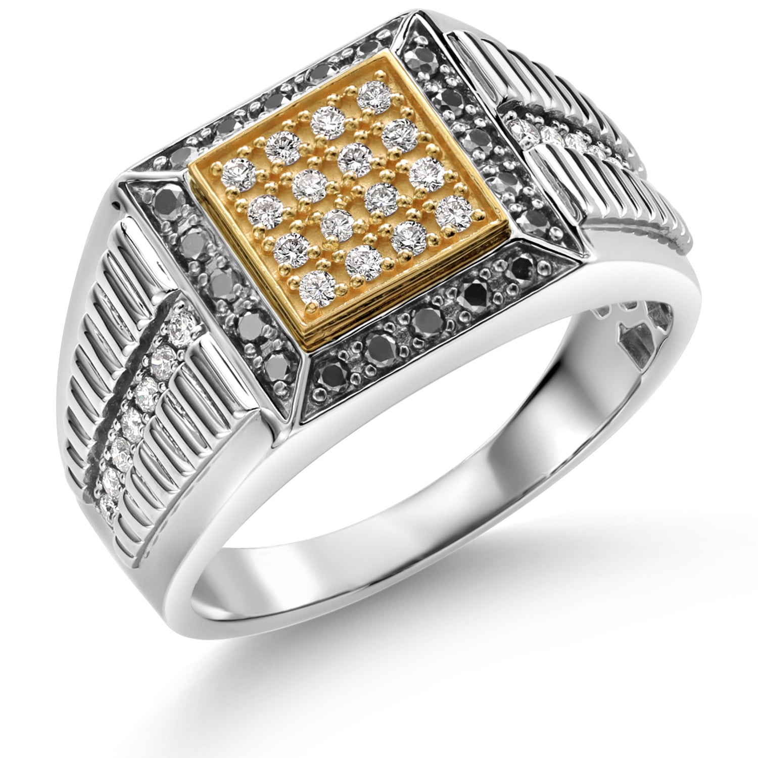 Men's 925 Sterling Silver & 10K Yellow Gold Lab Grown Diamond & Black Diamond Cuban Rolex Style Square Cut Band Ring For Men | 0.56 Cttw | Available in Size 7-13