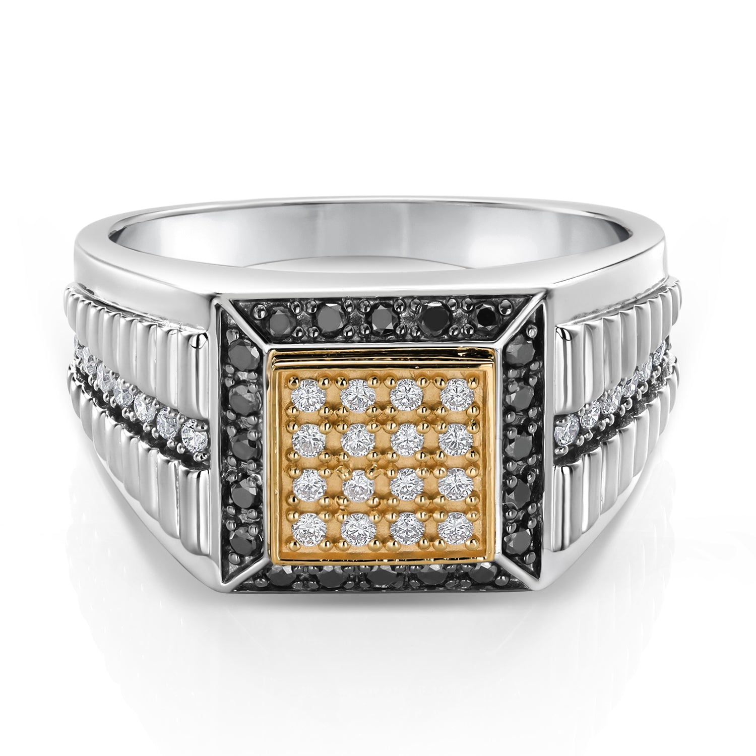 Men's 925 Sterling Silver & 10K Yellow Gold Lab Grown Diamond & Black Diamond Cuban Rolex Style Square Cut Band Ring For Men | 0.56 Cttw | Available in Size 7-13