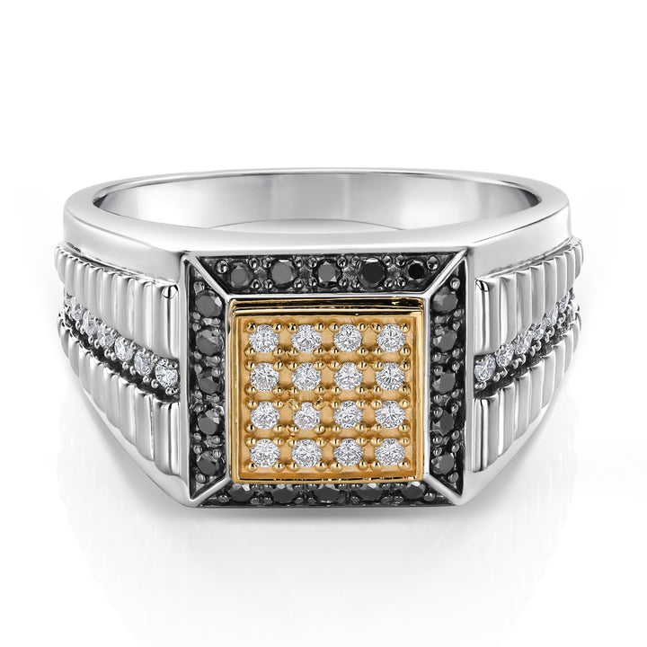 Men's 925 Sterling Silver & 10K Yellow Gold Lab Grown Diamond & Black Diamond Cuban Rolex Style Square Cut Band Ring For Men | 0.56 Cttw | Available in Size 7-13