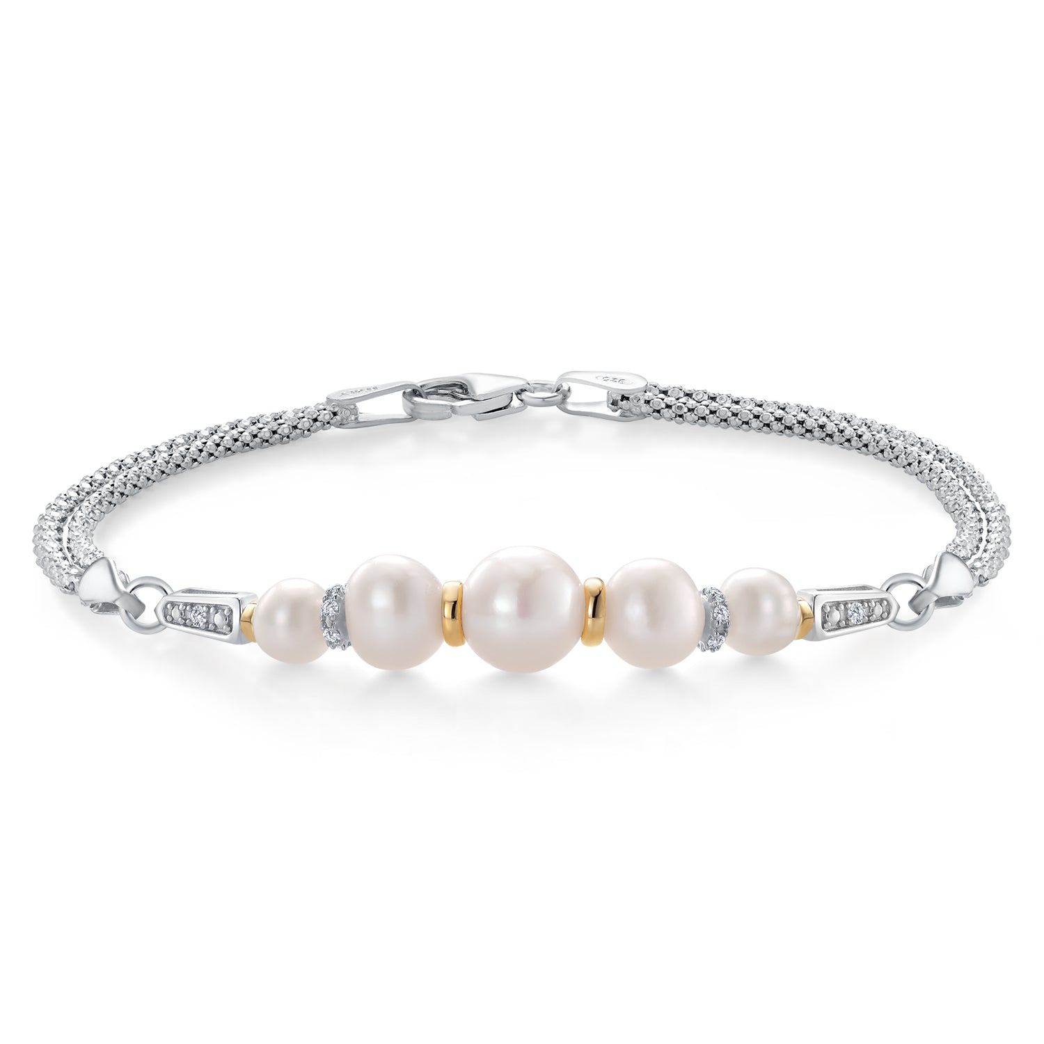 925 Sterling Silver and 10K Yellow Gold Cultured Freshwater Pearl and White Lab Grown Diamond Bracelet for Women (Round 5.5mm-7.5mm Pearls, 6.5/7/7.5 Inches, Made in Italy)