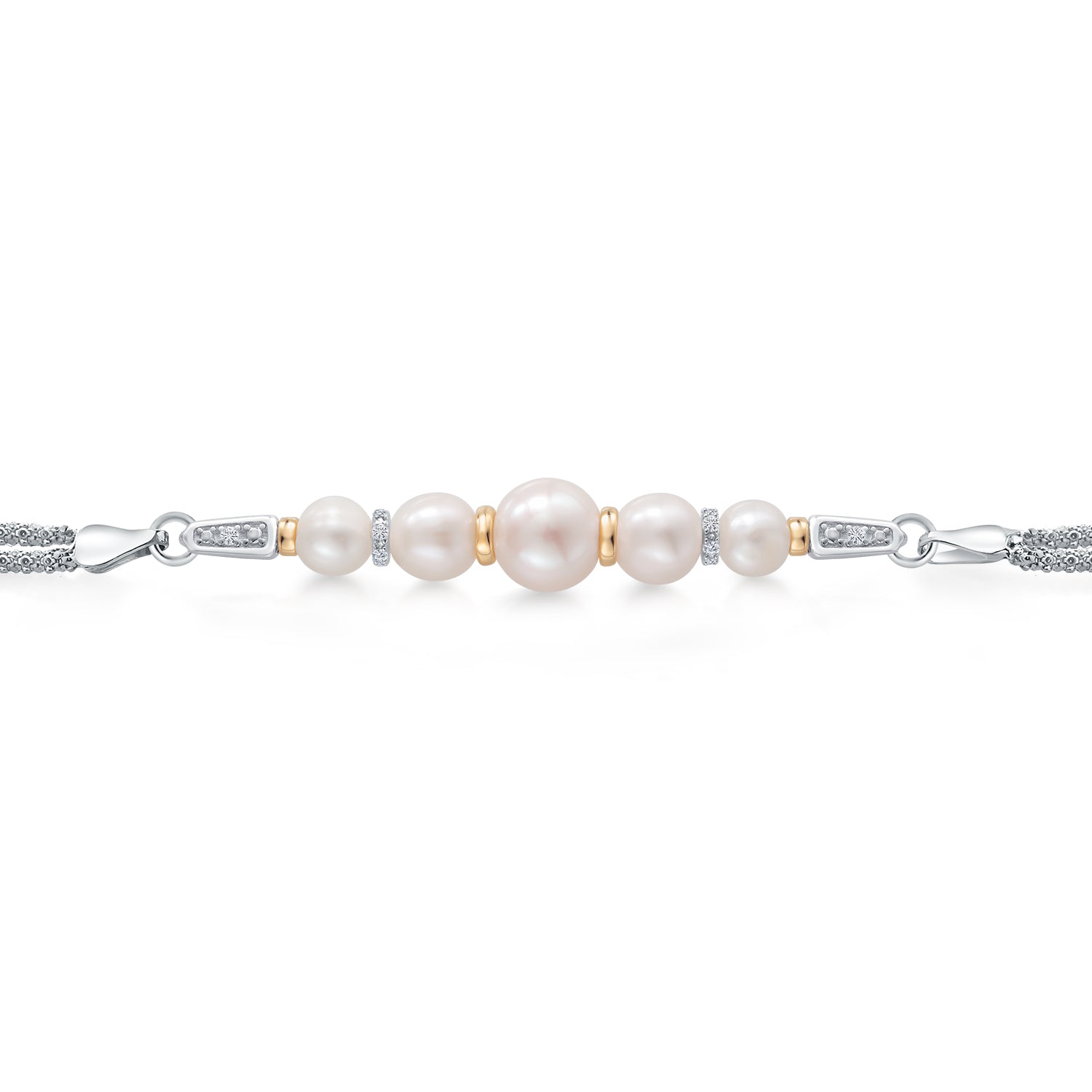 925 Sterling Silver and 10K Yellow Gold Cultured Freshwater Pearl and White Lab Grown Diamond Bracelet for Women (Round 5.5mm-7.5mm Pearls, 6.5/7/7.5 Inches, Made in Italy)