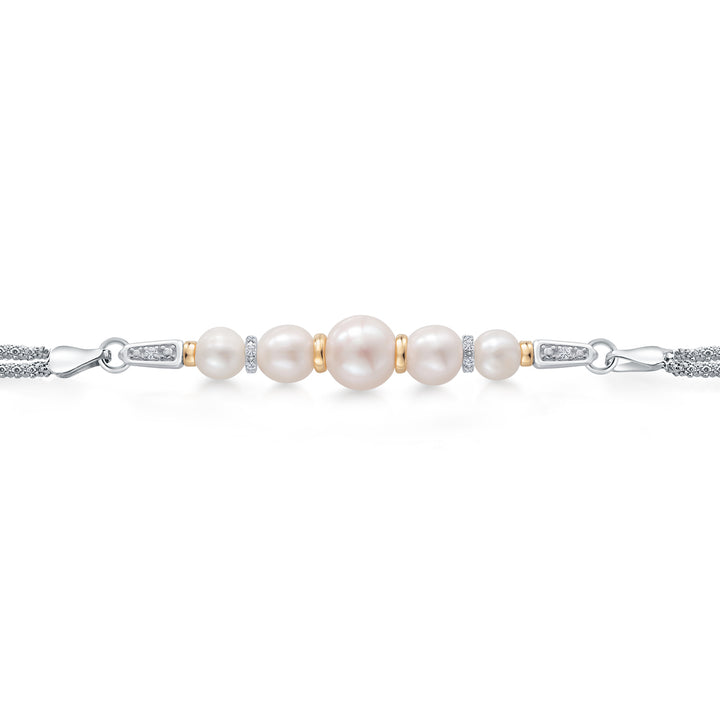 925 Sterling Silver and 10K Yellow Gold Cultured Freshwater Pearl and White Lab Grown Diamond Bracelet for Women (Round 5.5mm-7.5mm Pearls, 6.5/7/7.5 Inches, Made in Italy)